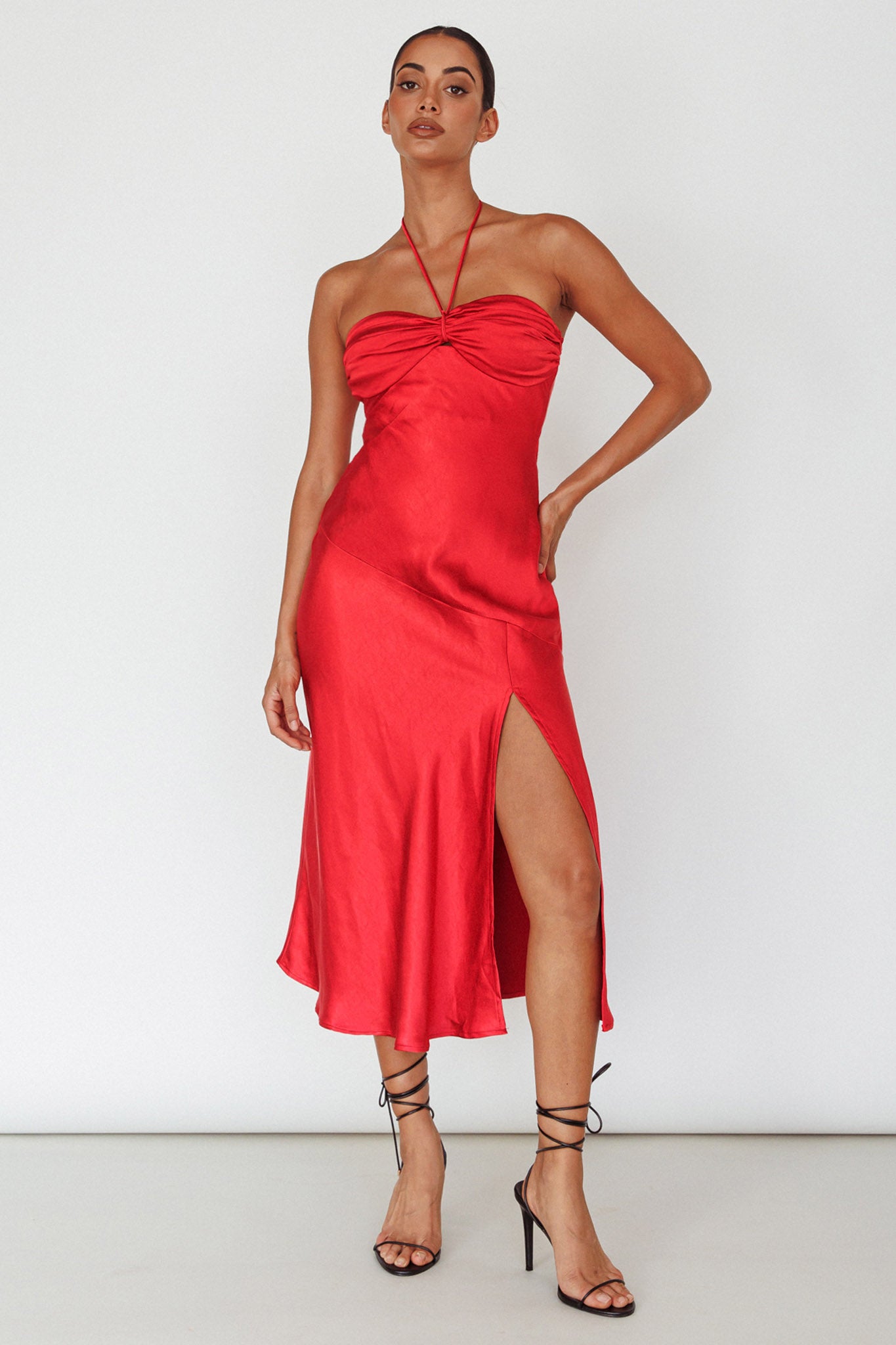 Kindred Spirit Strapless Gathered Bust Midi Dress Red by Selfie Leslie