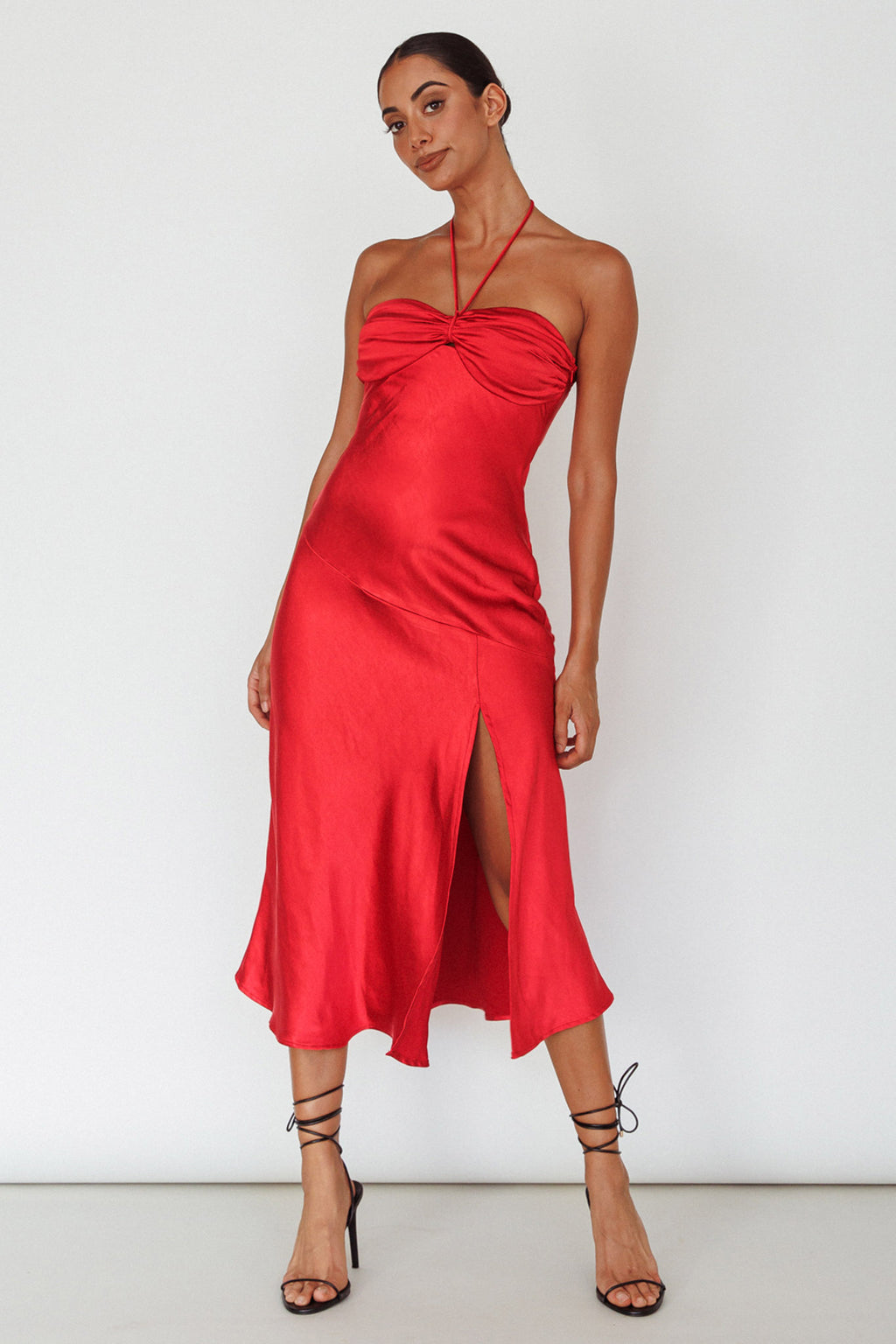 Kindred Spirit Strapless Gathered Bust Midi Dress Red by Selfie Leslie