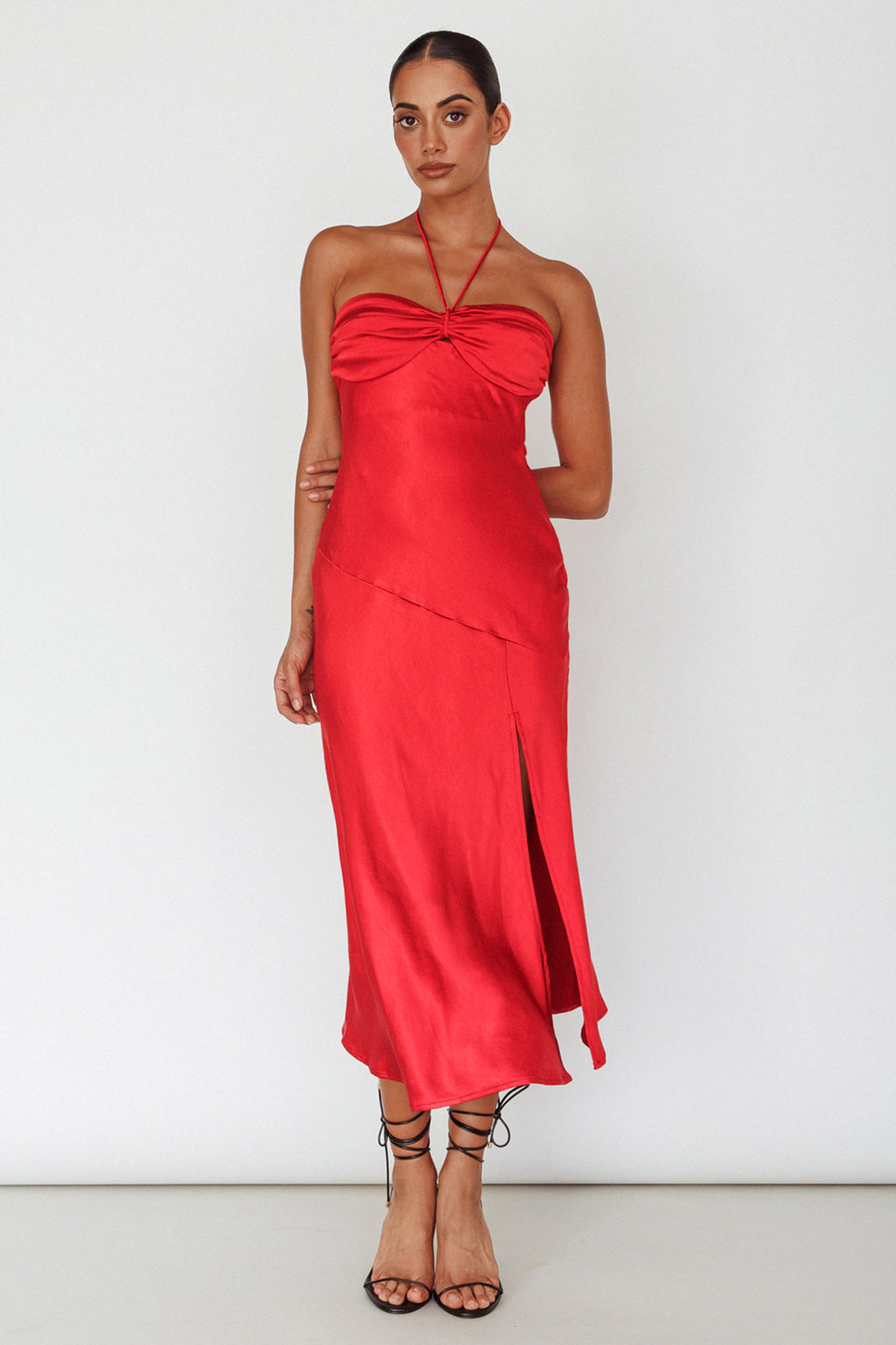 Kindred Spirit Strapless Gathered Bust Midi Dress Red by Selfie Leslie