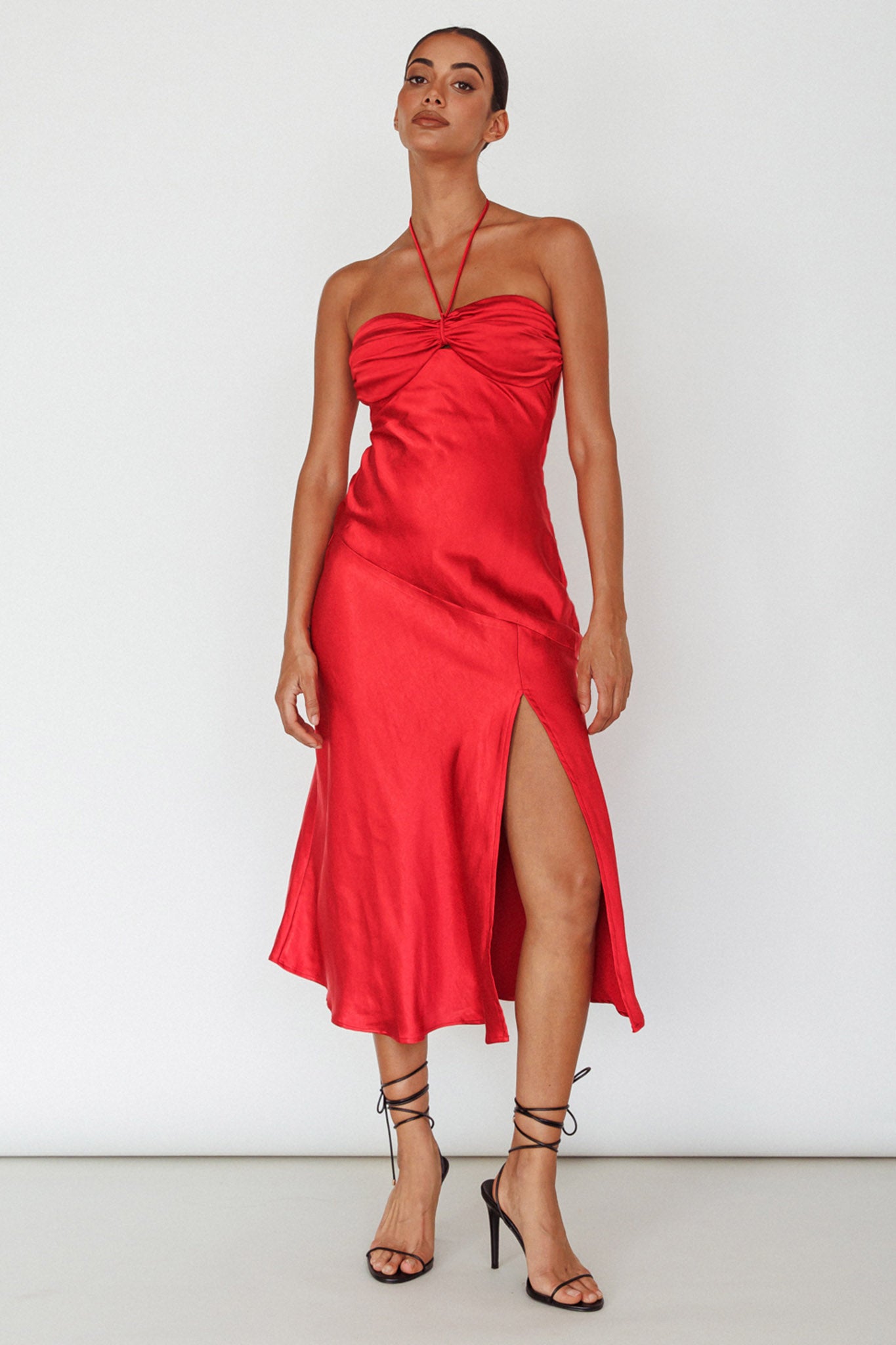 Kindred Spirit Strapless Gathered Bust Midi Dress Red by Selfie Leslie