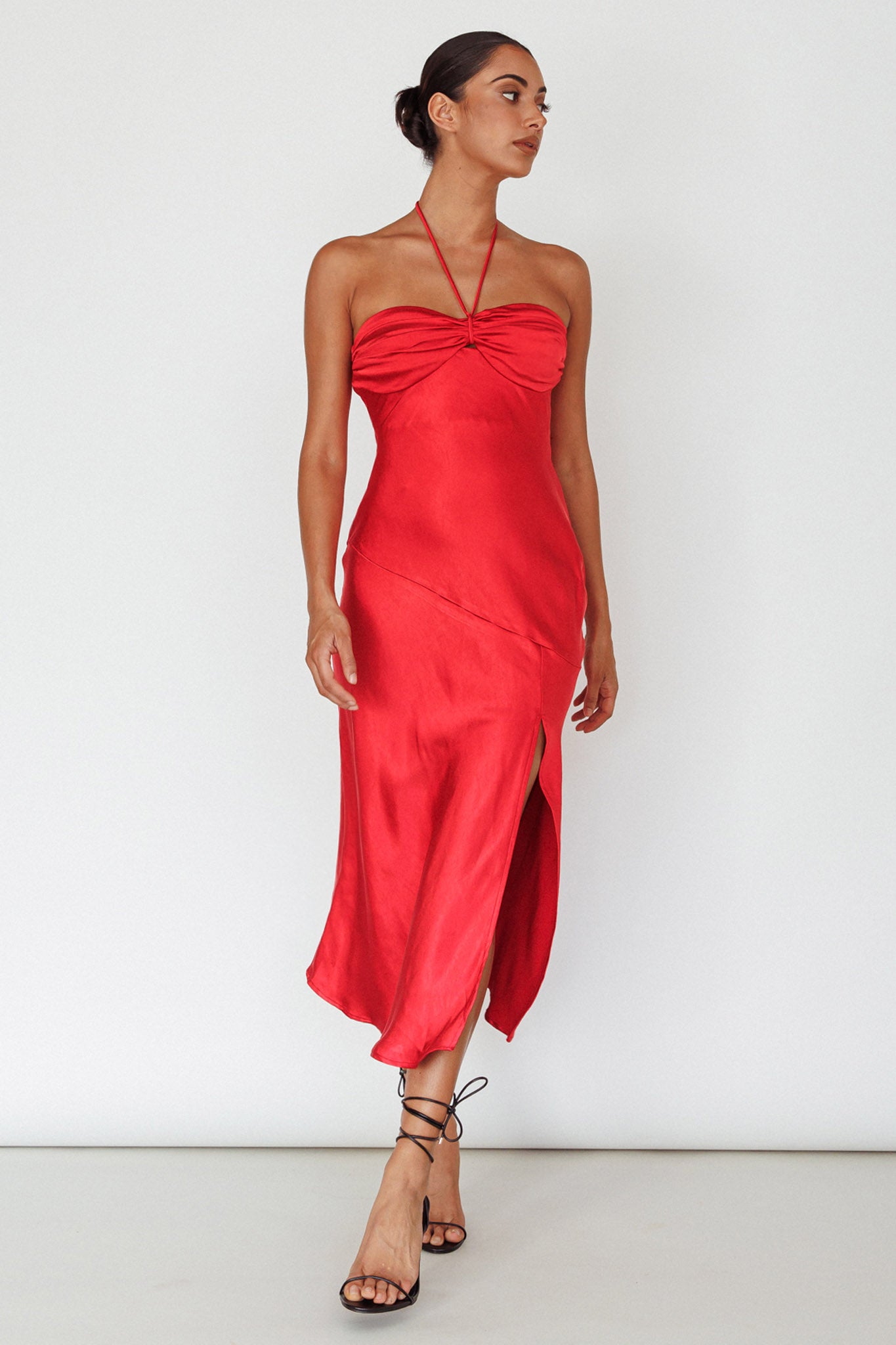 Kindred Spirit Strapless Gathered Bust Midi Dress Red by Selfie Leslie