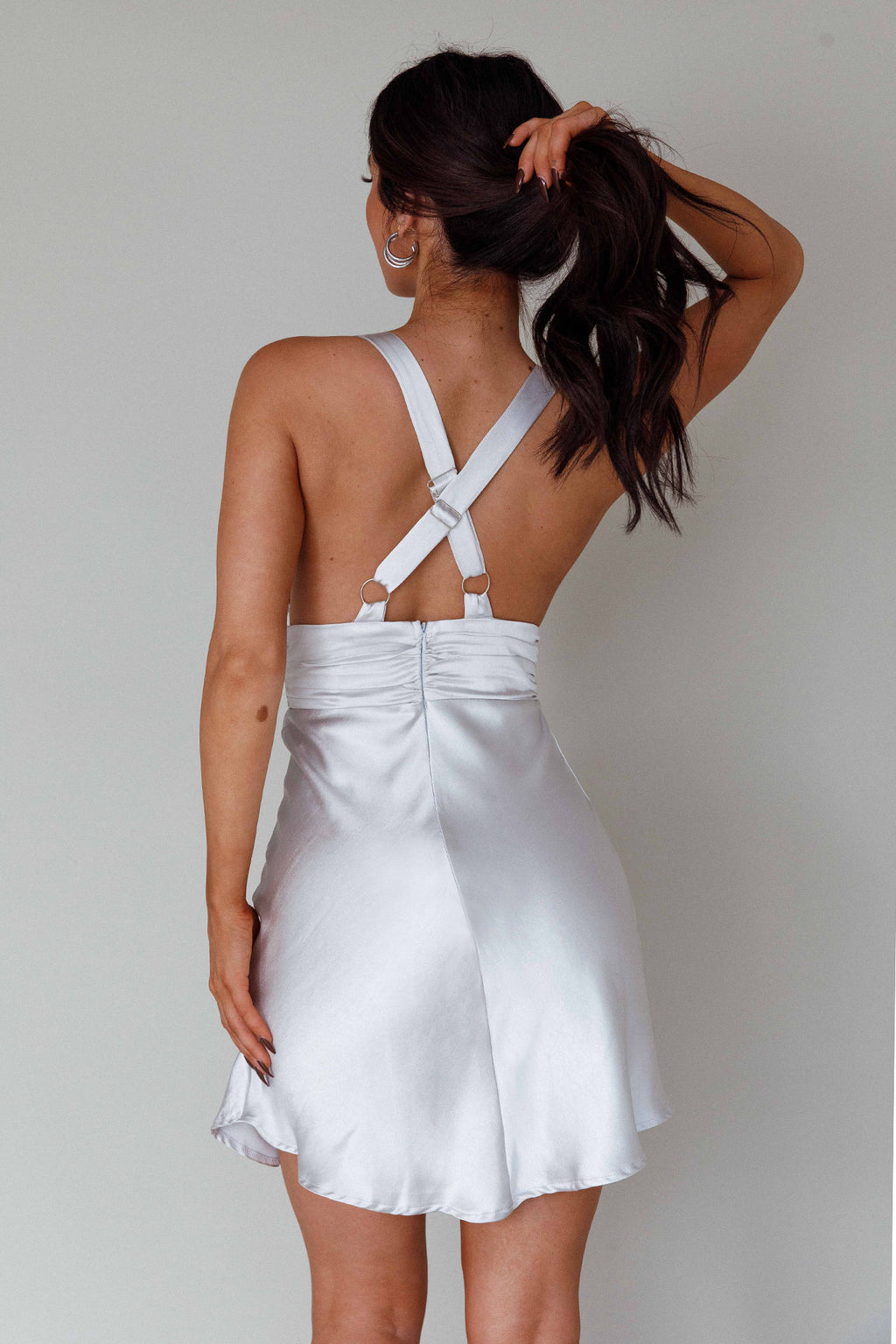 Mad About You Criss-Cross Back Mini Dress Silver by Selfie Leslie