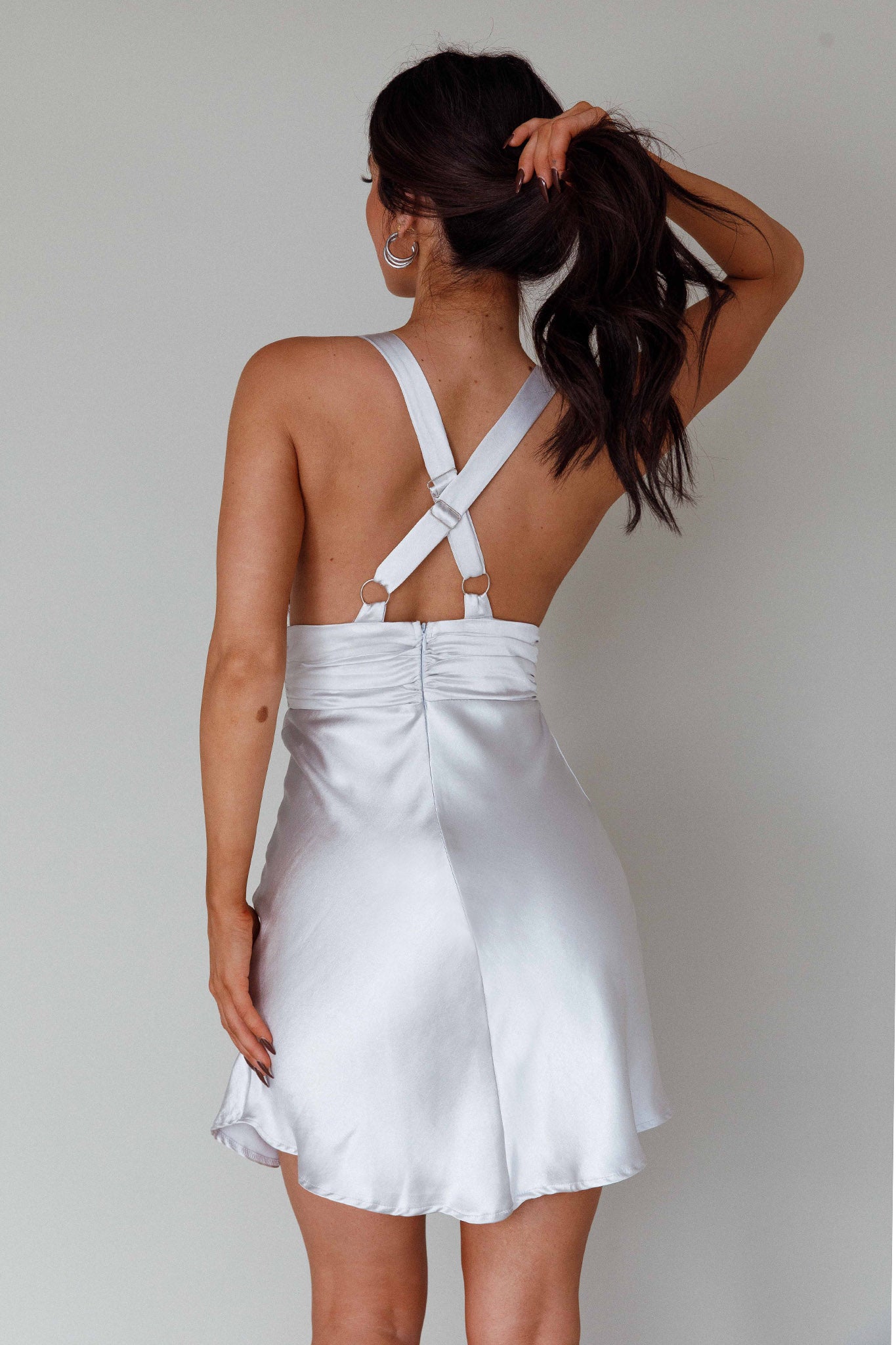 satin cross back mini dress Mad About You Criss-Cross Back Mini Dress Silver