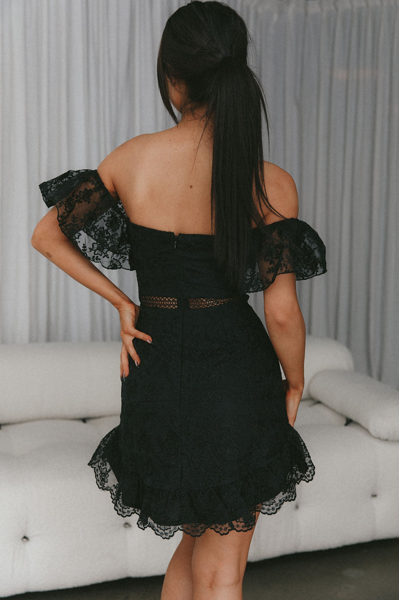 Remi Frill Shoulder Embroidered Dress Black by Selfie Leslie