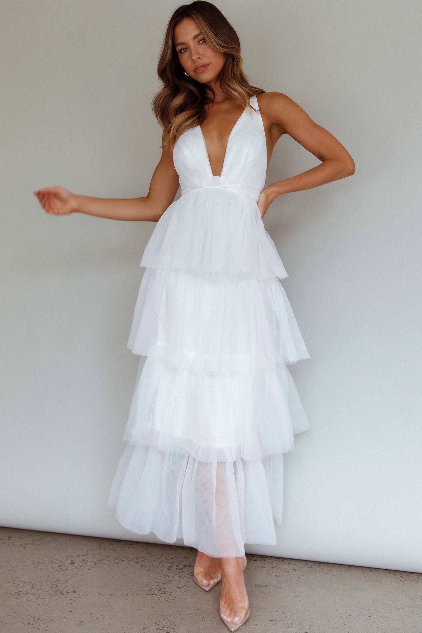 Auguste Tiered Frill Midi Dress White by Selfie Leslie