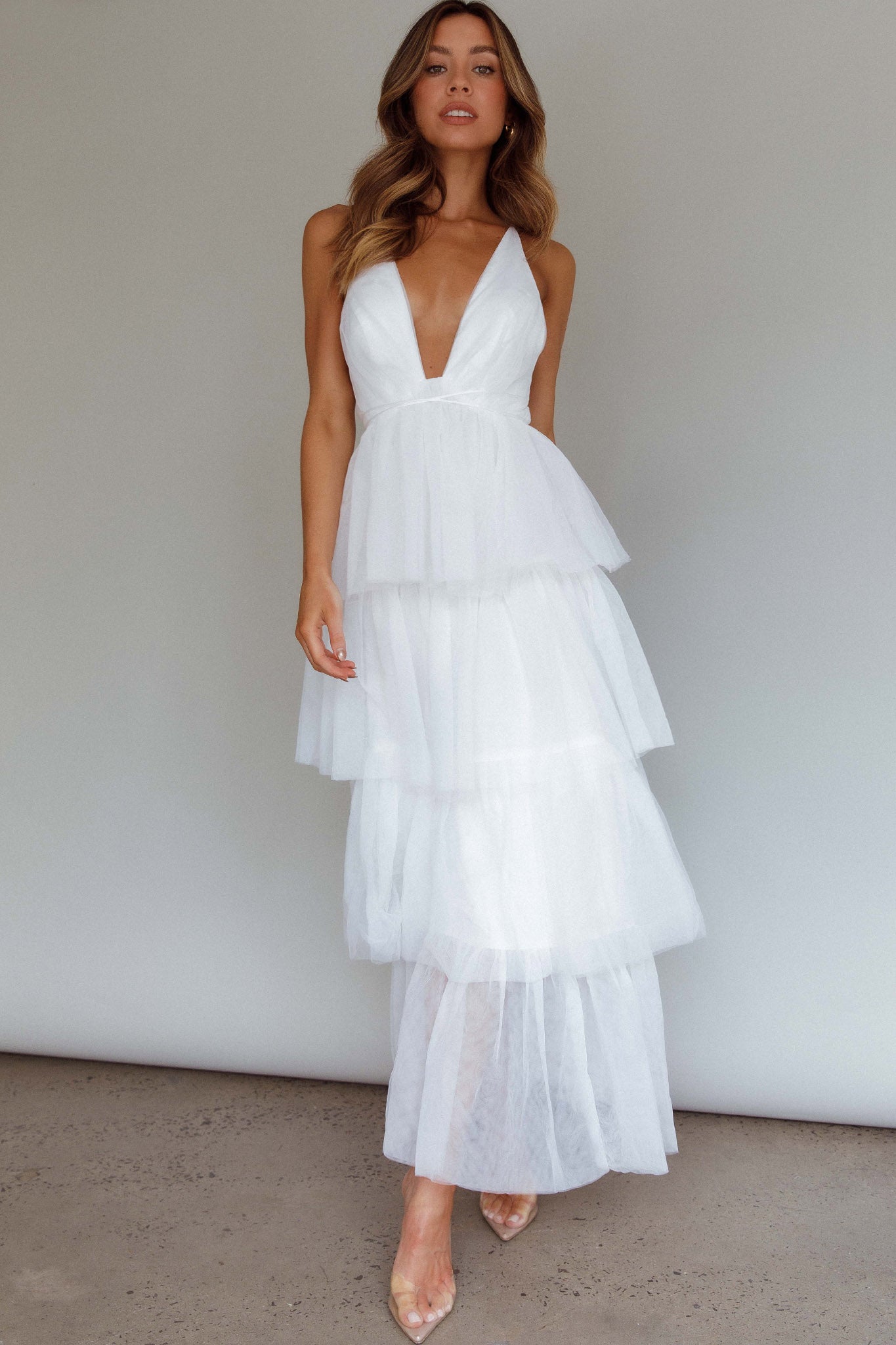 Auguste Tiered Frill Midi Dress White by Selfie Leslie