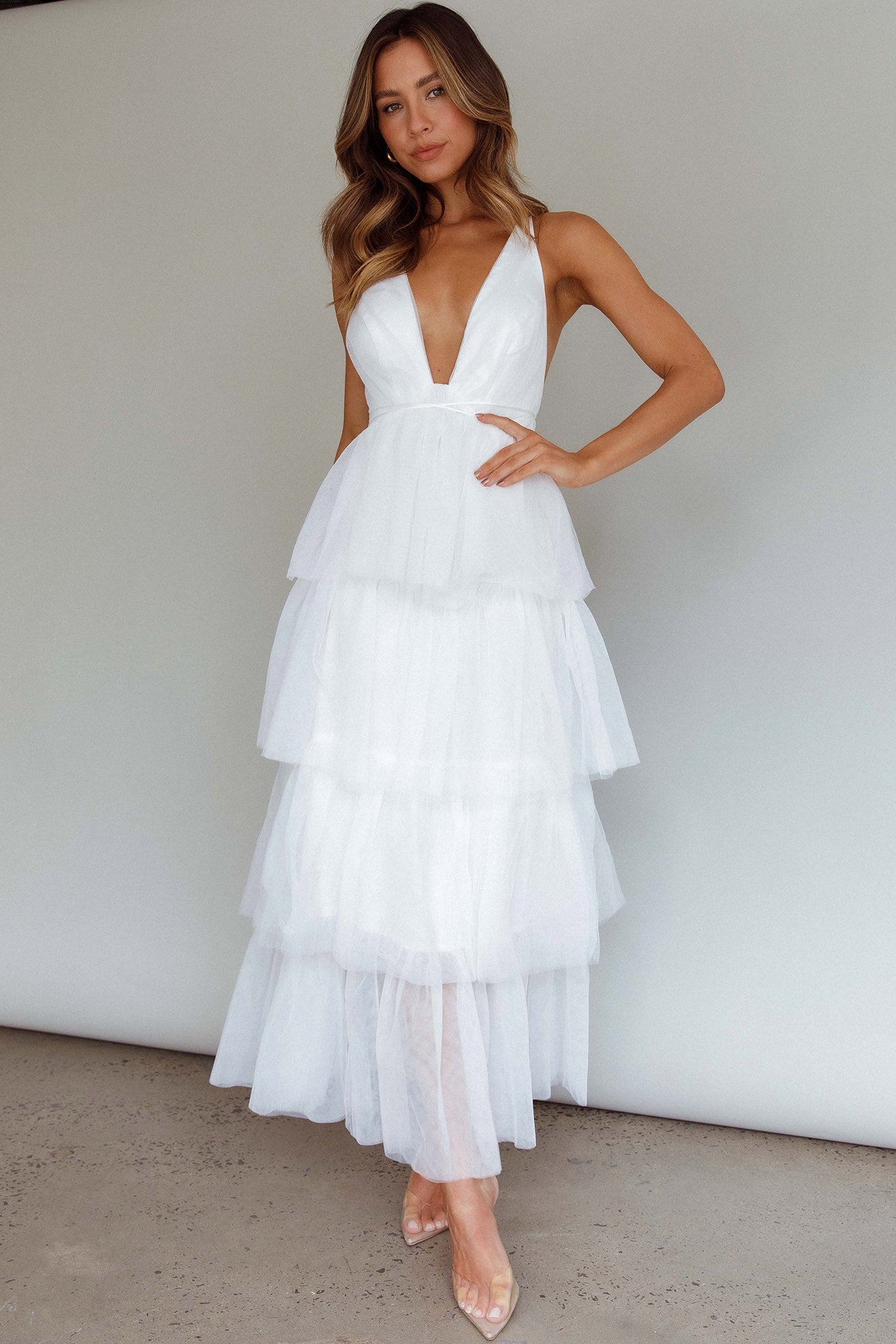 Auguste Tiered Frill Midi Dress White | Selfie Leslie