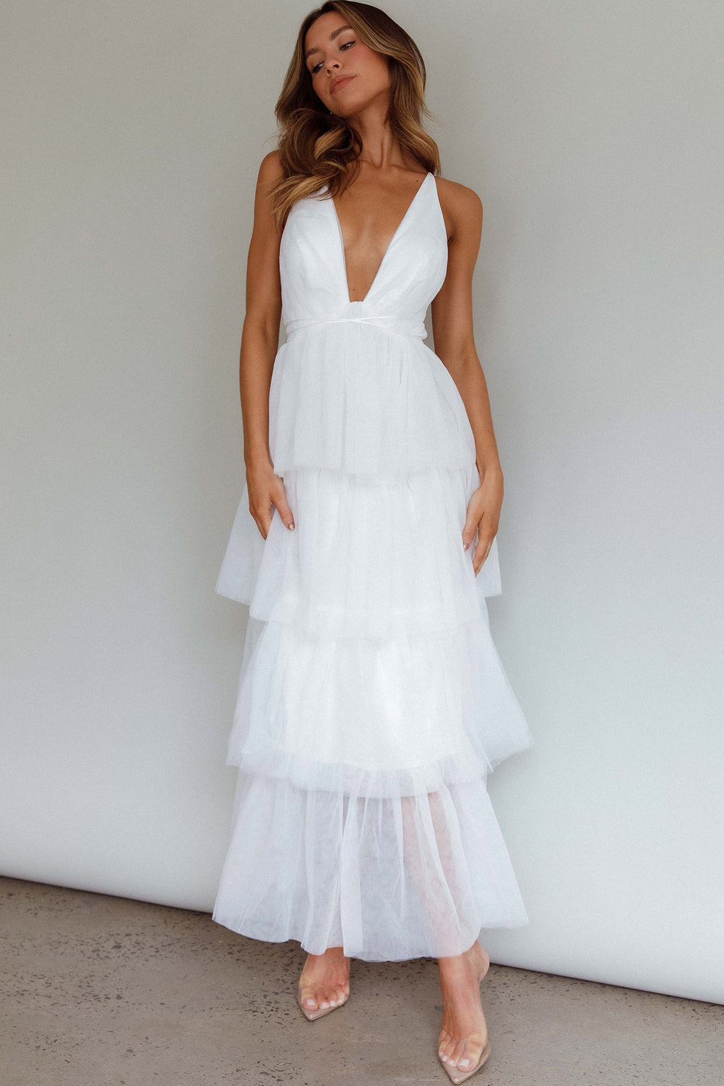 Auguste Tiered Frill Midi Dress White by Selfie Leslie