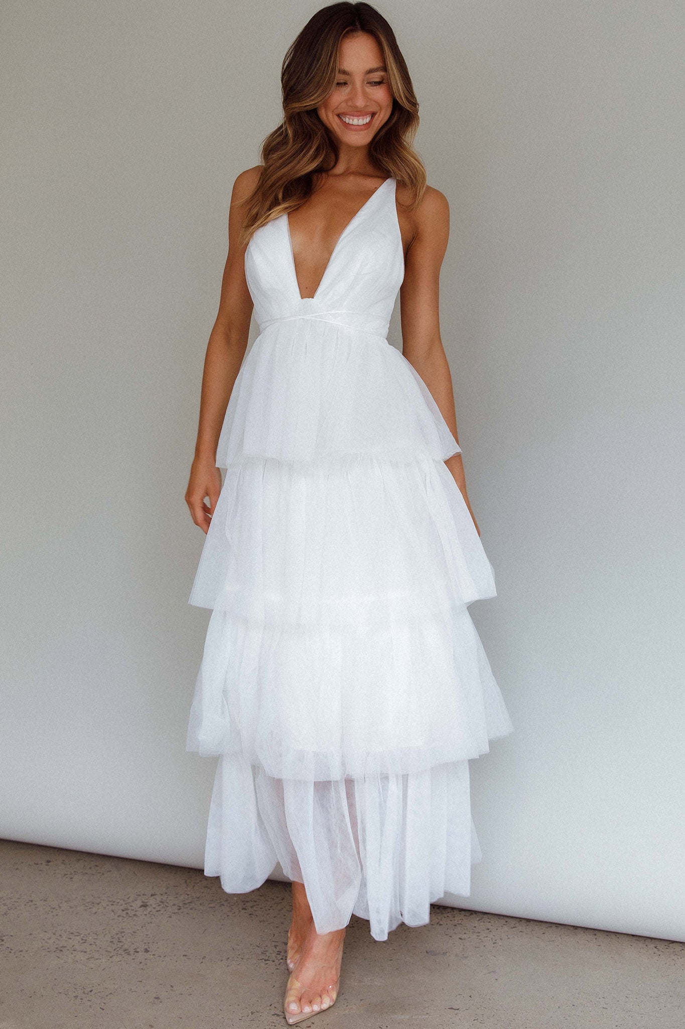 Auguste Tiered Frill Midi Dress White | Selfie Leslie