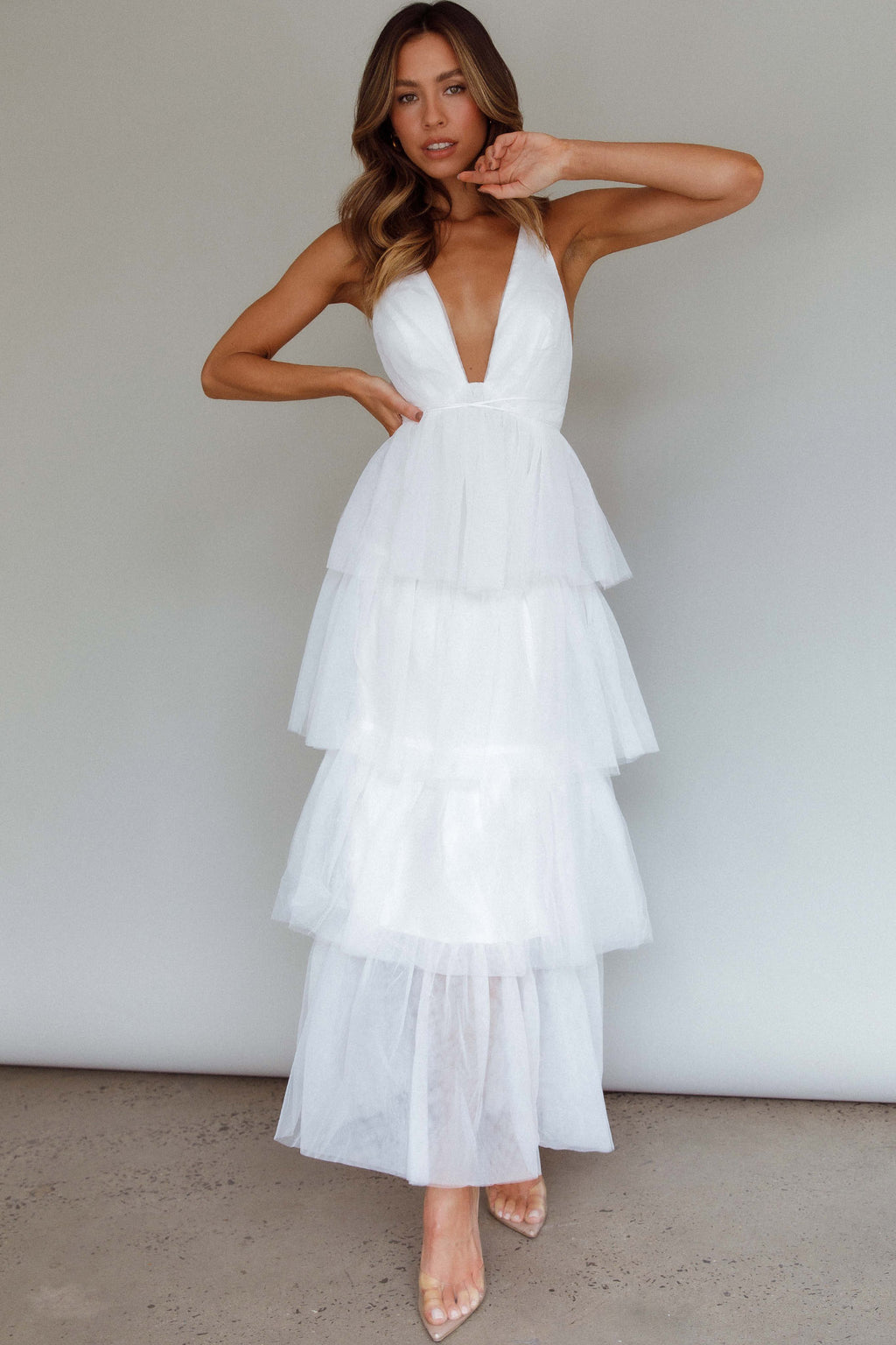 Auguste Tiered Frill Midi Dress White by Selfie Leslie