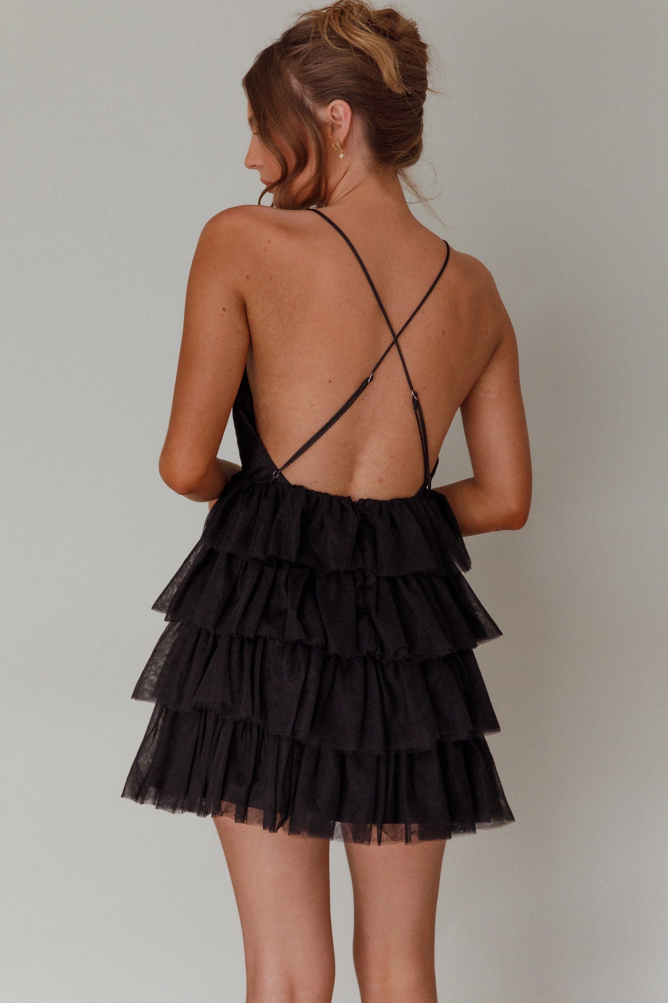 Auguste Tiered Frill Mini Dress Black– Selfie Leslie