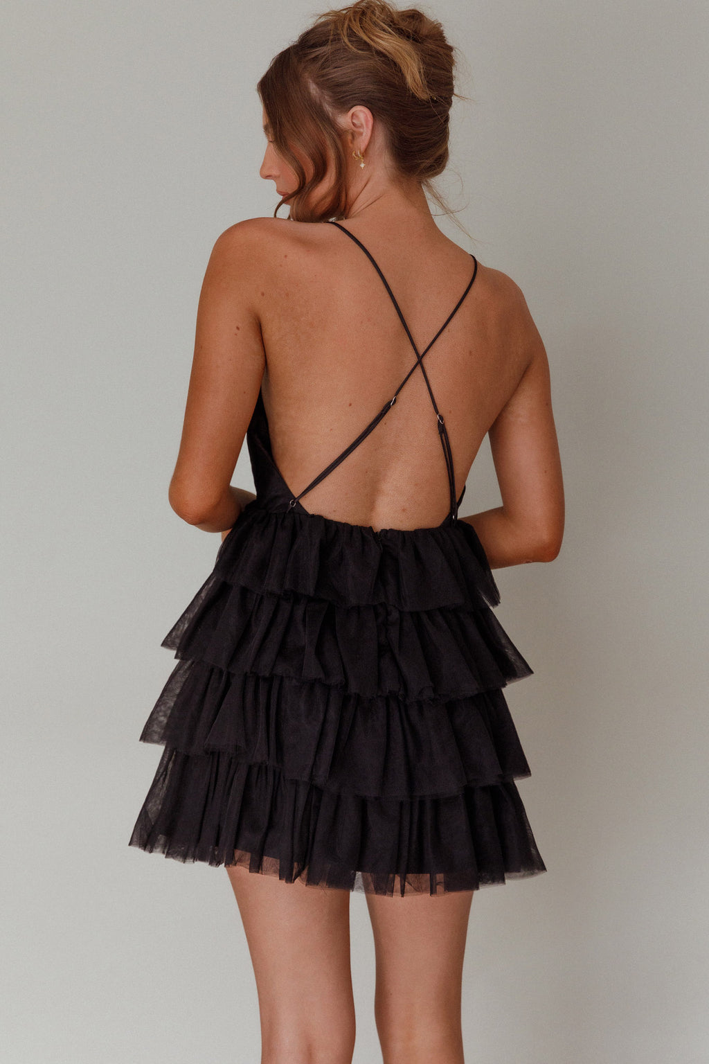 Auguste Tiered Frill Mini Dress Black by Selfie Leslie