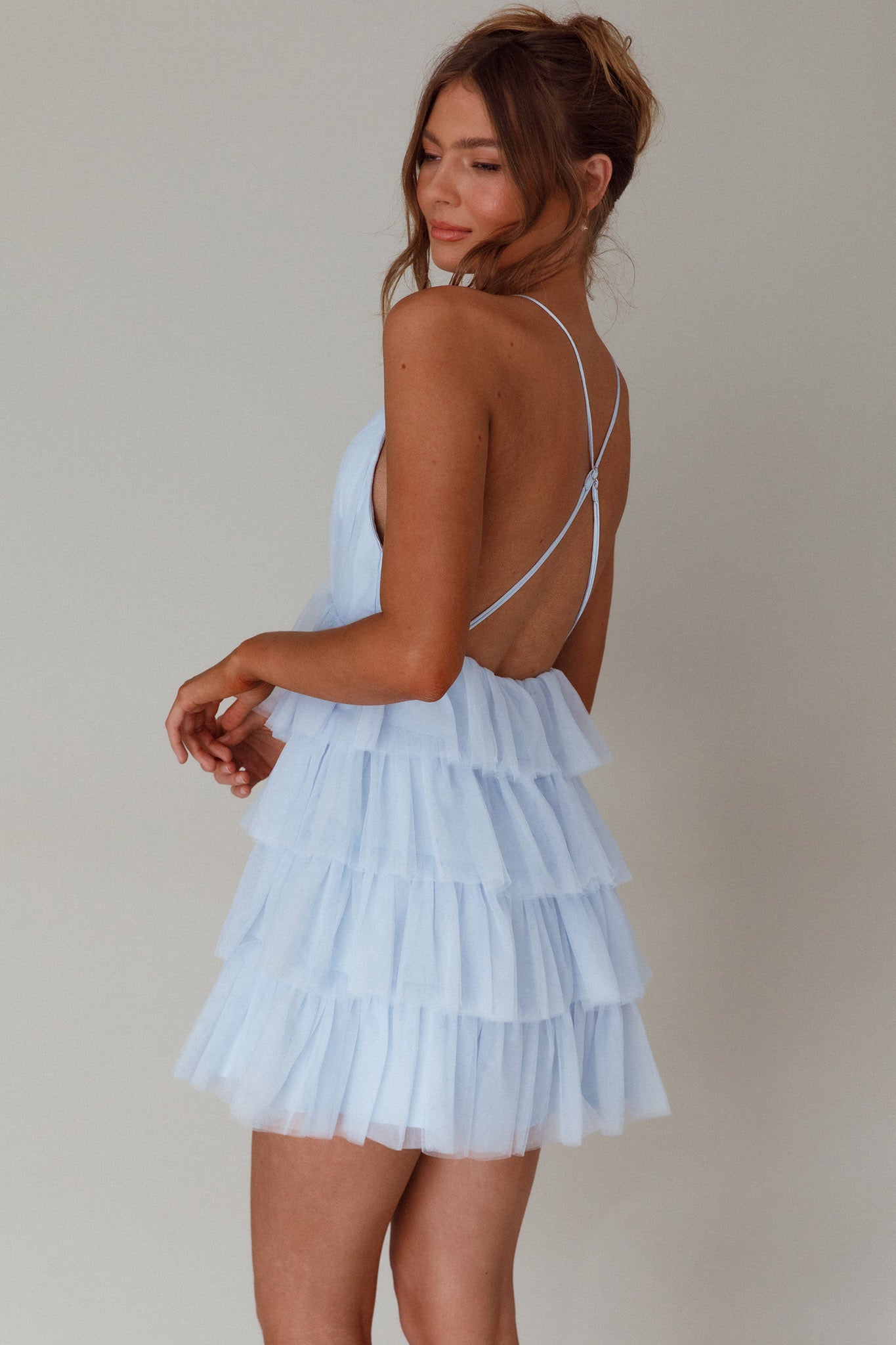 Auguste Tiered Frill Mini Dress Sky Blue by Selfie Leslie