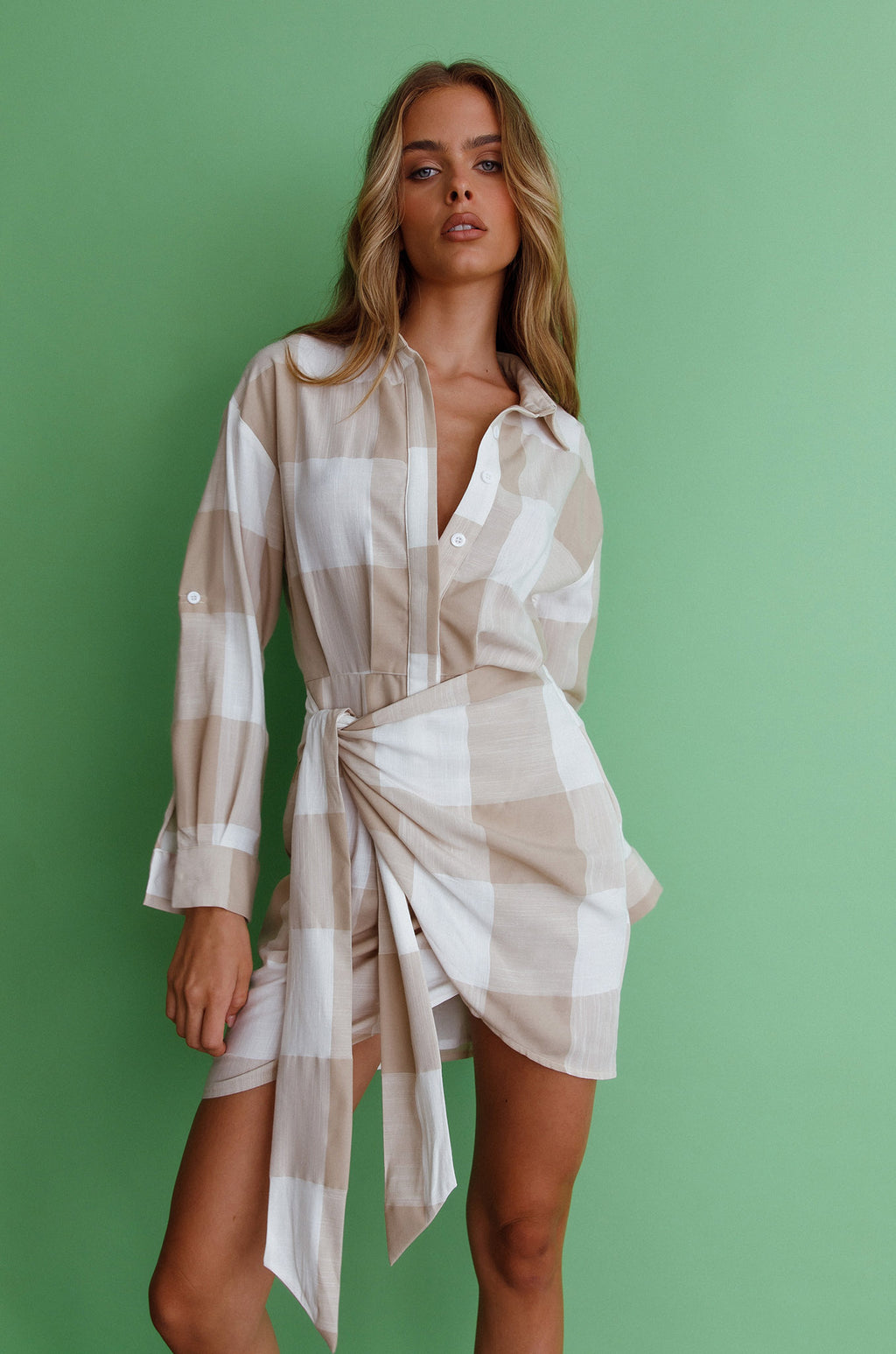 Staten Island Wrap Shirt Dress Sand by Selfie Leslie