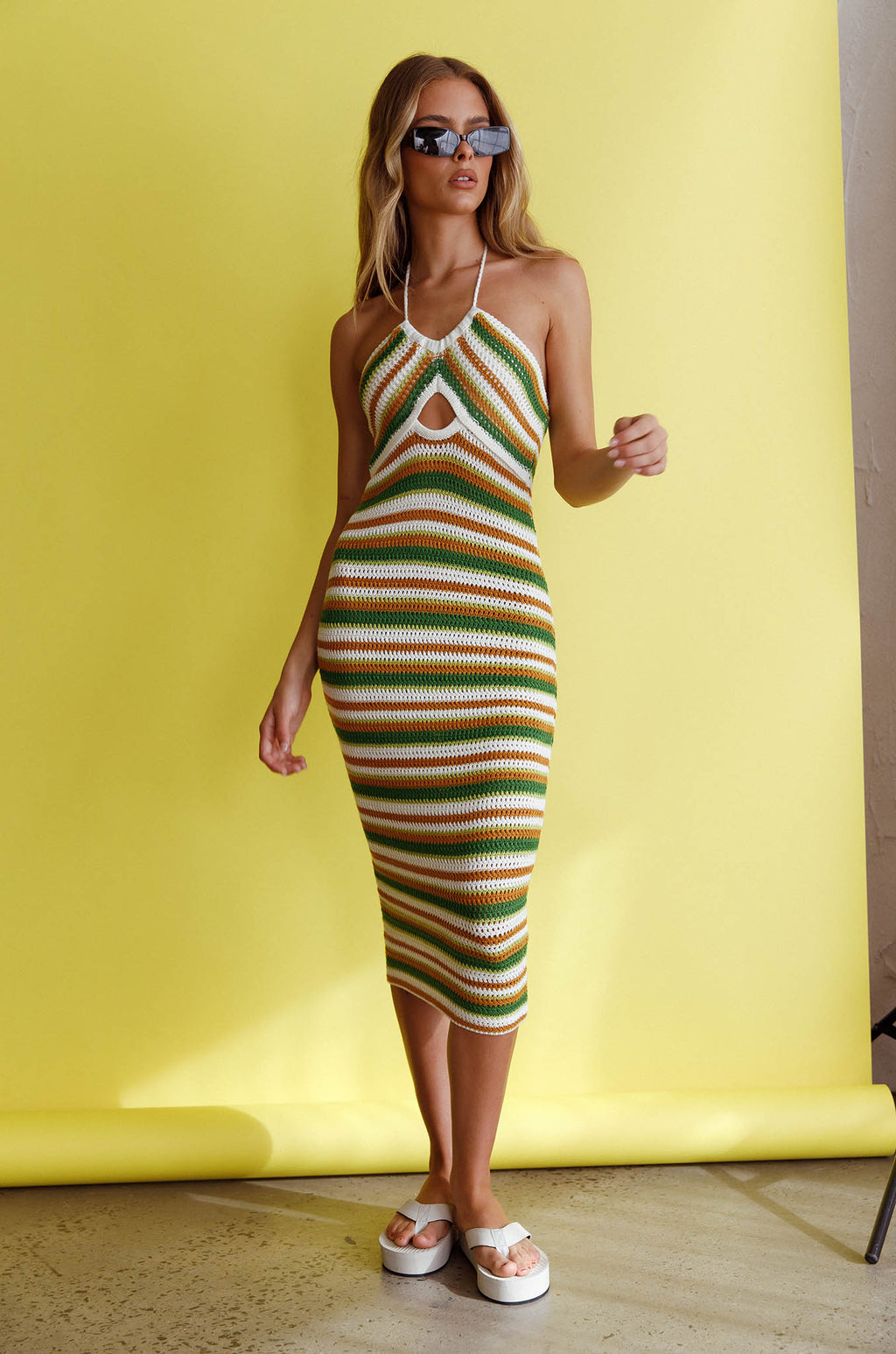 Malibu Nights Halterneck Knit Midi Dress Striped Olive by Selfie Leslie