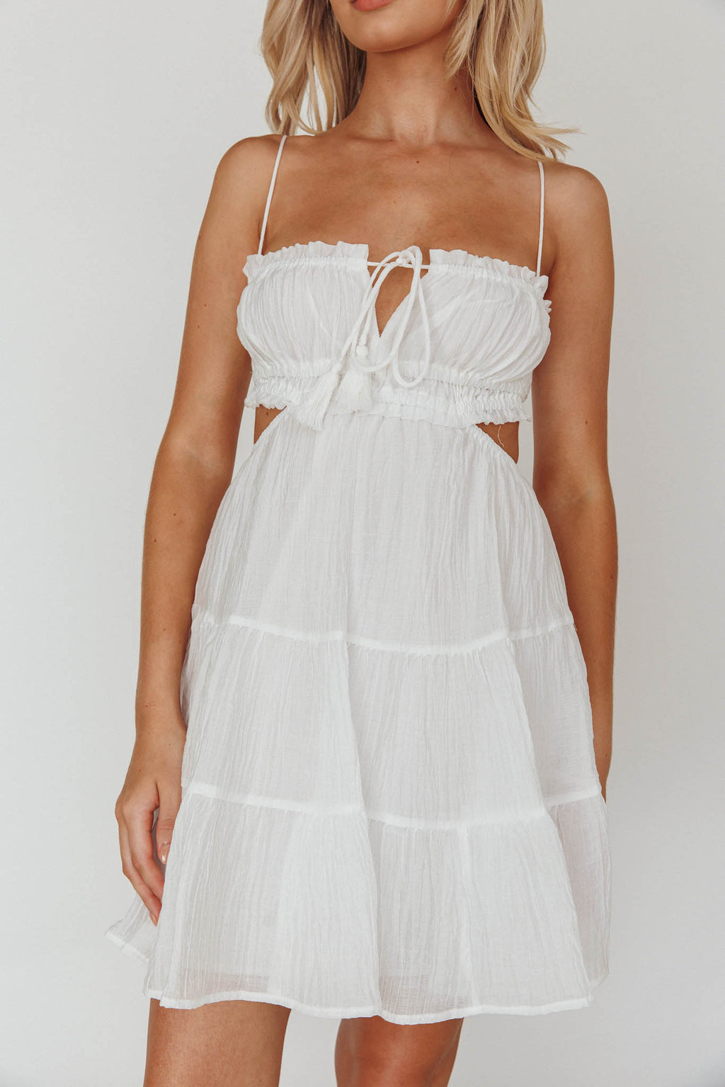 Eyona Cut-Out Waist Tie Mini Dress White by Selfie Leslie