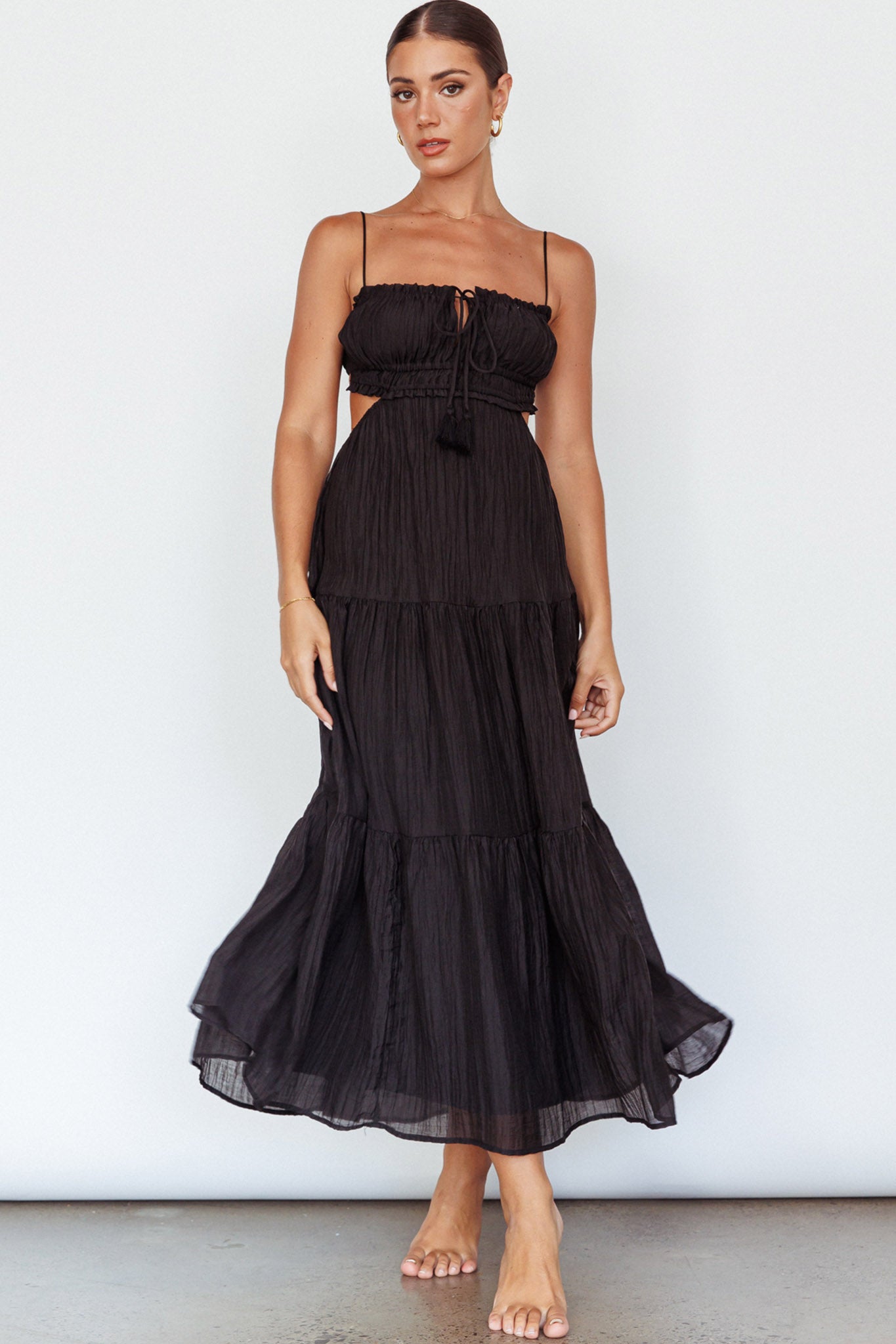 Eyona Cut-Out Waist Tie Maxi Dress Black by Selfie Leslie