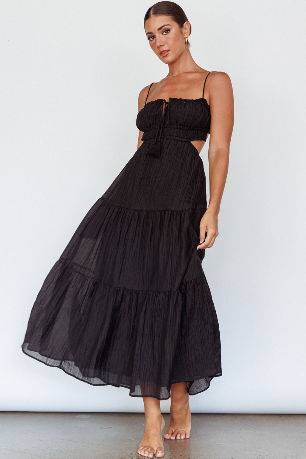 Eyona Cut-Out Waist Tie Maxi Dress Black by Selfie Leslie