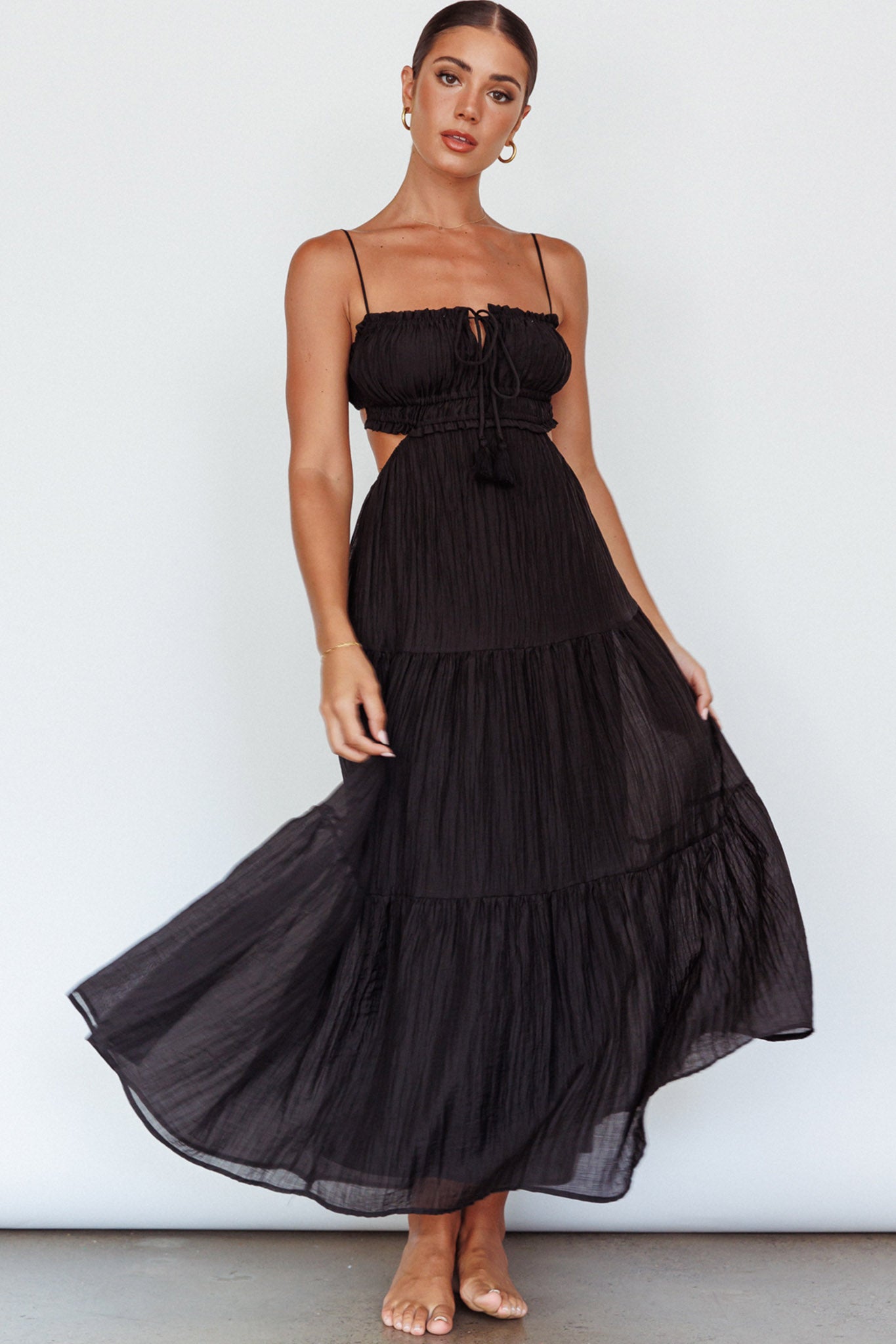 Eyona Cut-Out Waist Tie Maxi Dress Black by Selfie Leslie