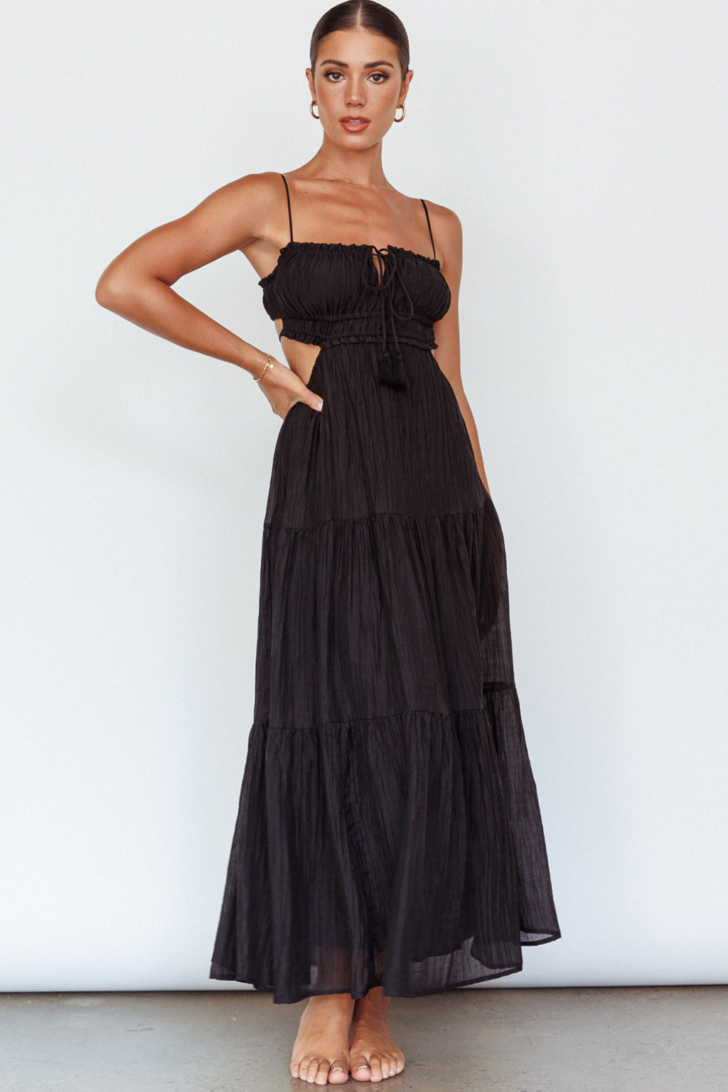 Eyona Cut-Out Waist Tie Maxi Dress Black by Selfie Leslie
