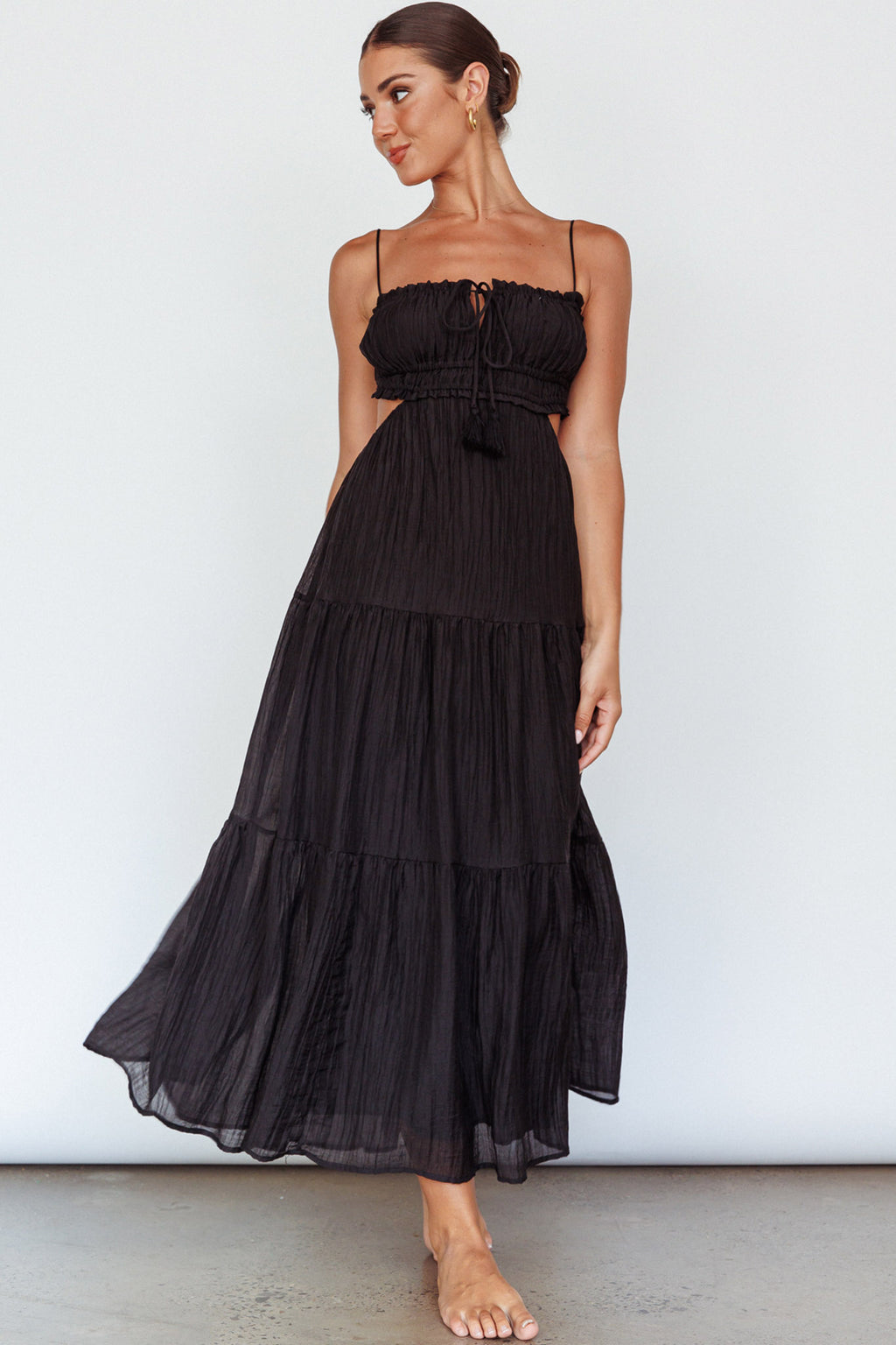 Eyona Cut-Out Waist Tie Maxi Dress Black by Selfie Leslie