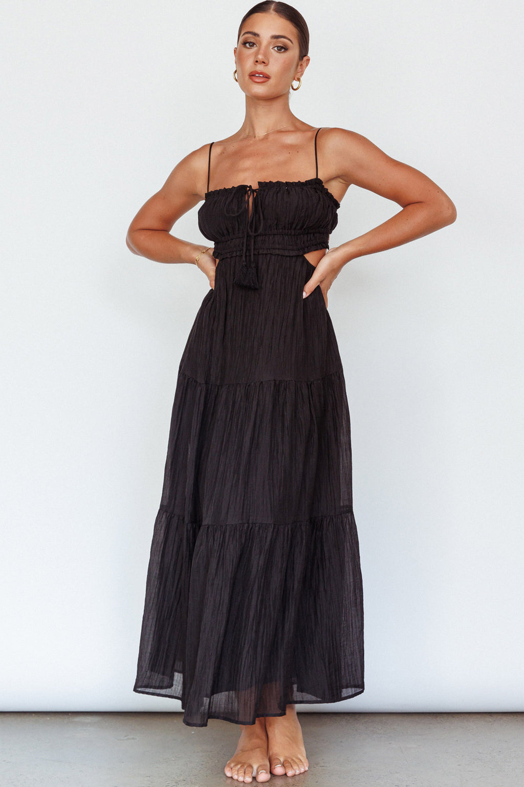 Eyona Cut-Out Waist Tie Maxi Dress Black by Selfie Leslie