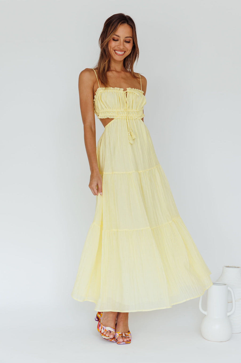 Eyona Cut-Out Waist Tie Maxi Dress Lemon by Selfie Leslie