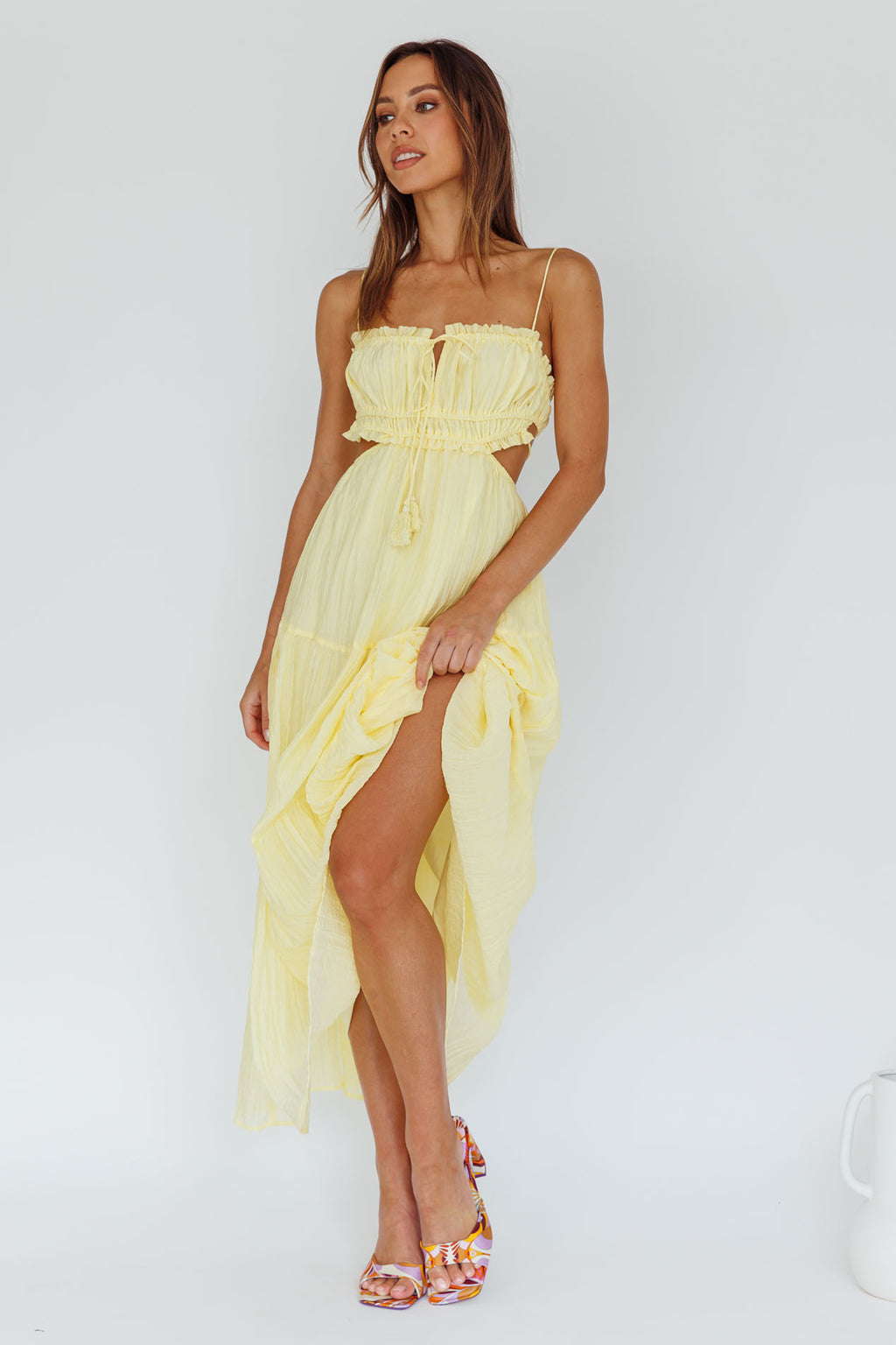 Eyona Cut-Out Waist Tie Maxi Dress Lemon by Selfie Leslie