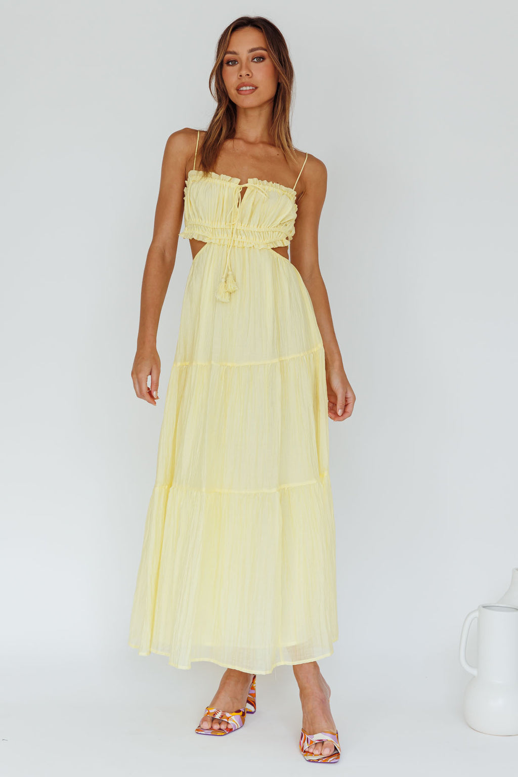 Eyona Cut-Out Waist Tie Maxi Dress Lemon by Selfie Leslie