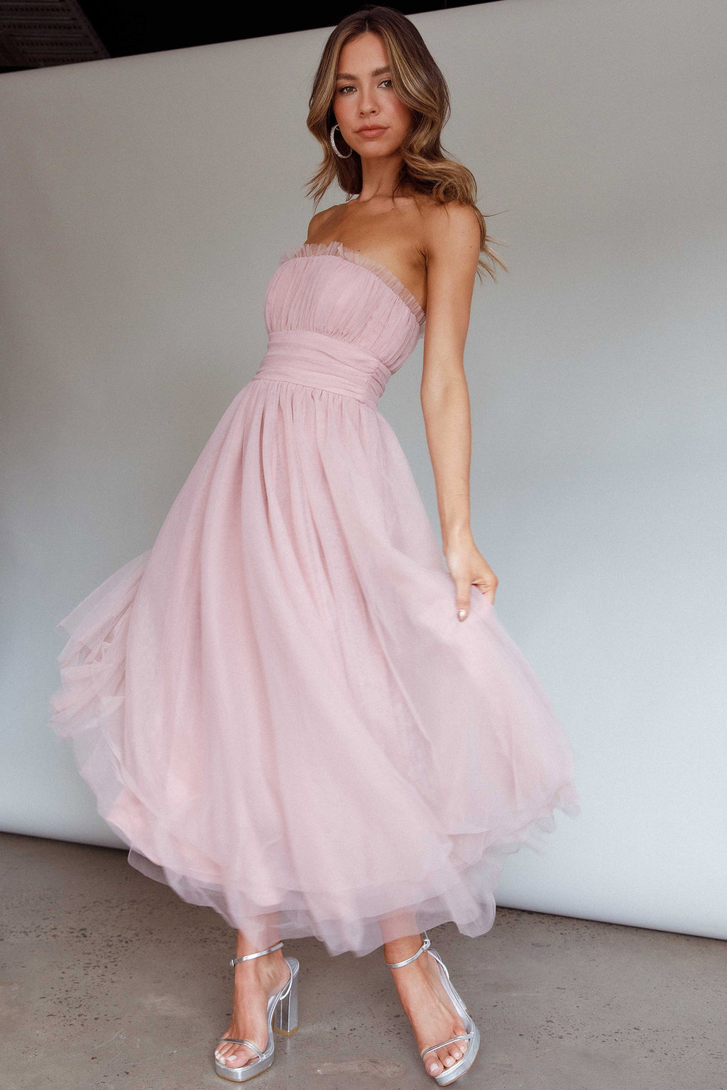 Fayette Strapless Mesh Midi Dress Blush by Selfie Leslie