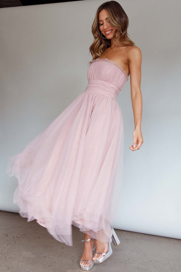 Shop the Fayette Strapless Mesh Midi Dress Blush | Selfie Leslie