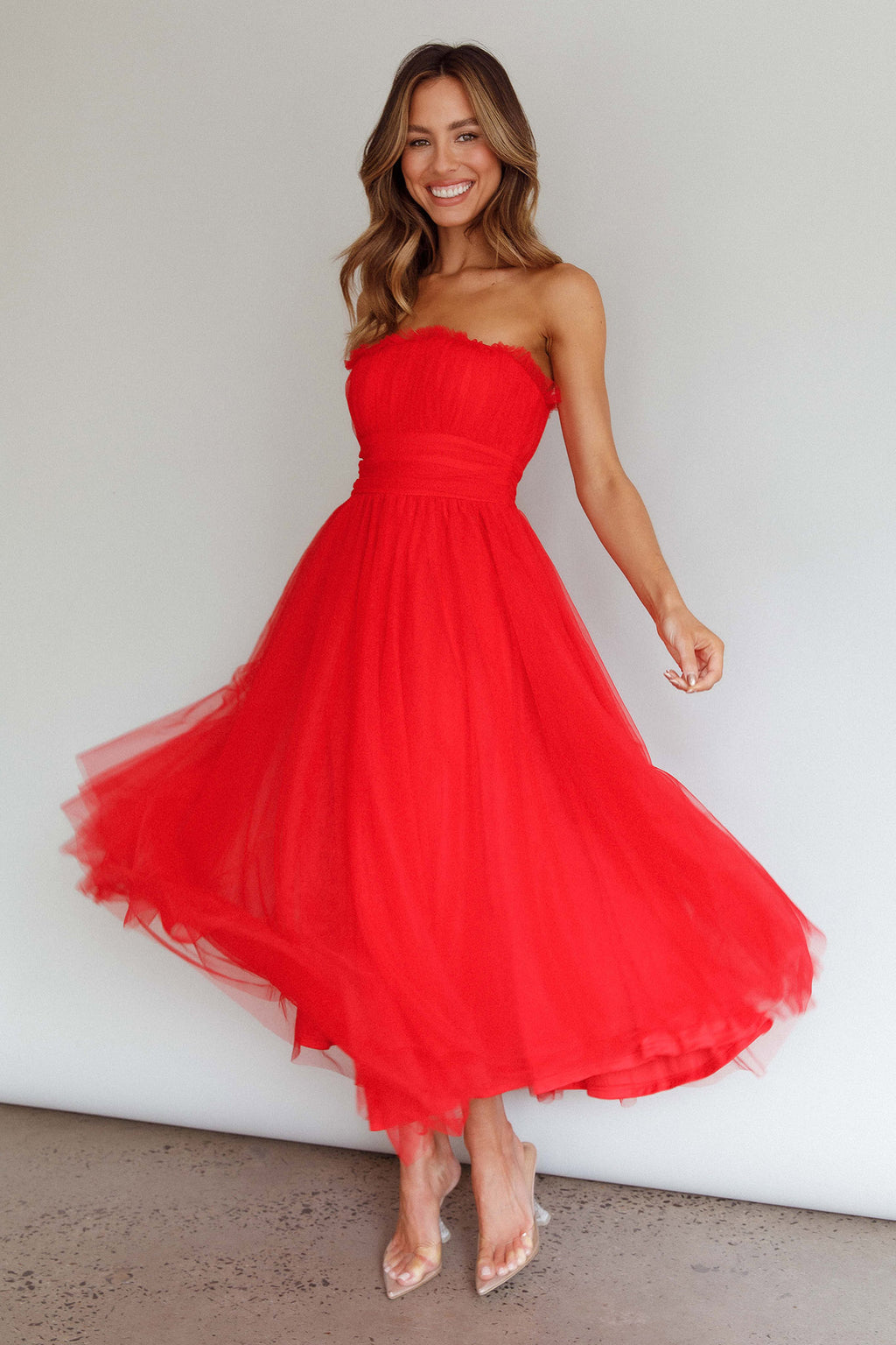 Fayette Strapless Mesh Midi Dress Red by Selfie Leslie