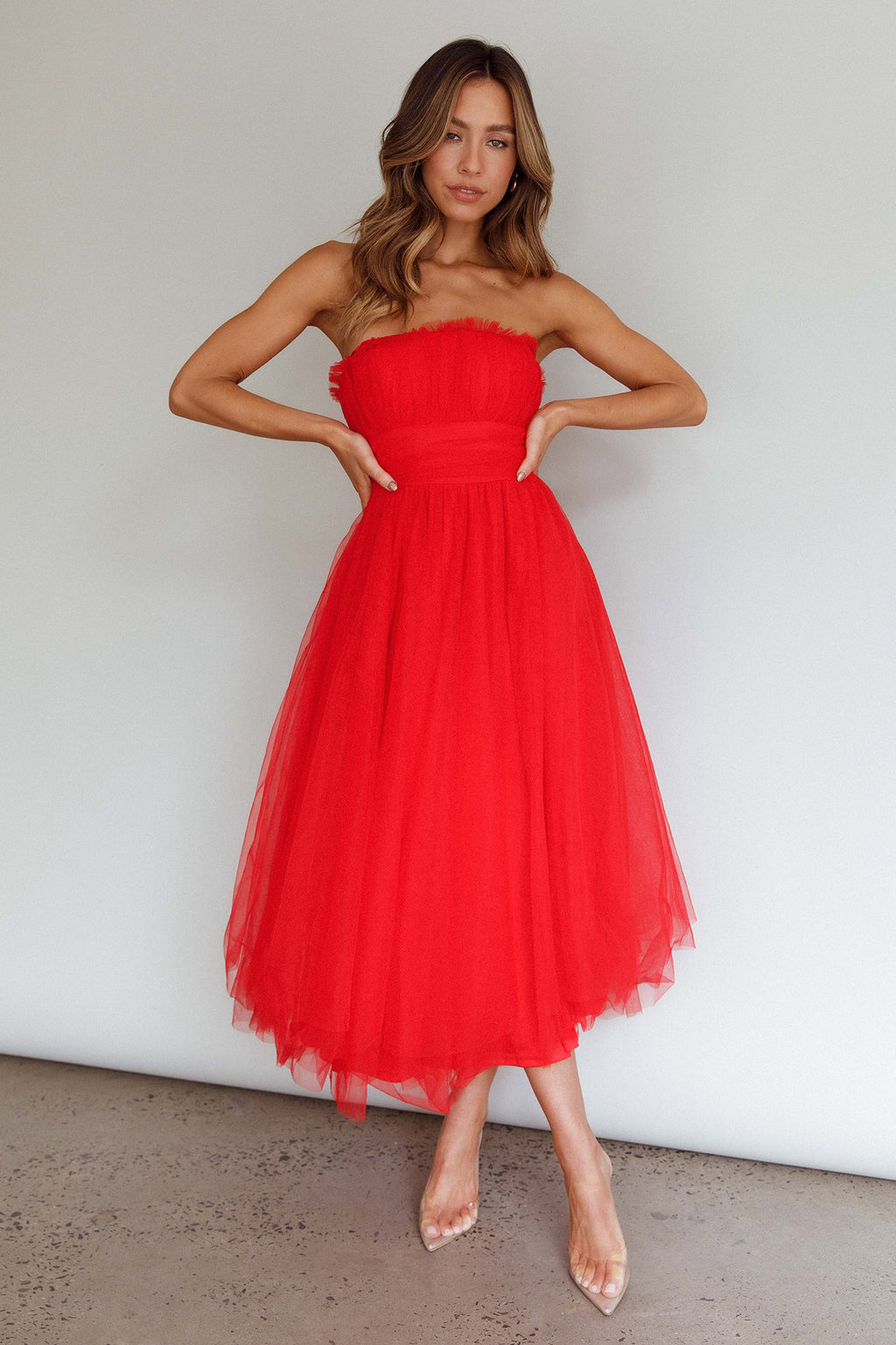 Fayette Strapless Mesh Midi Dress Red by Selfie Leslie