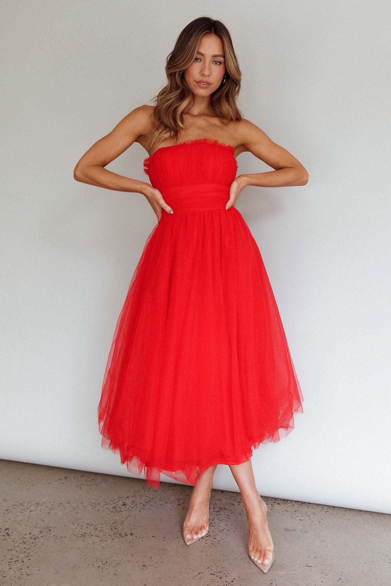 Fayette Strapless Mesh Midi Dress Red by Selfie Leslie