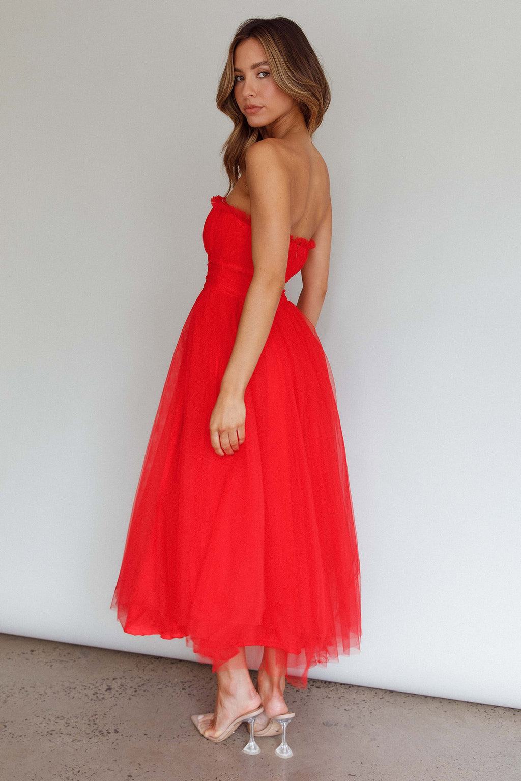 Fayette Strapless Mesh Midi Dress Red by Selfie Leslie