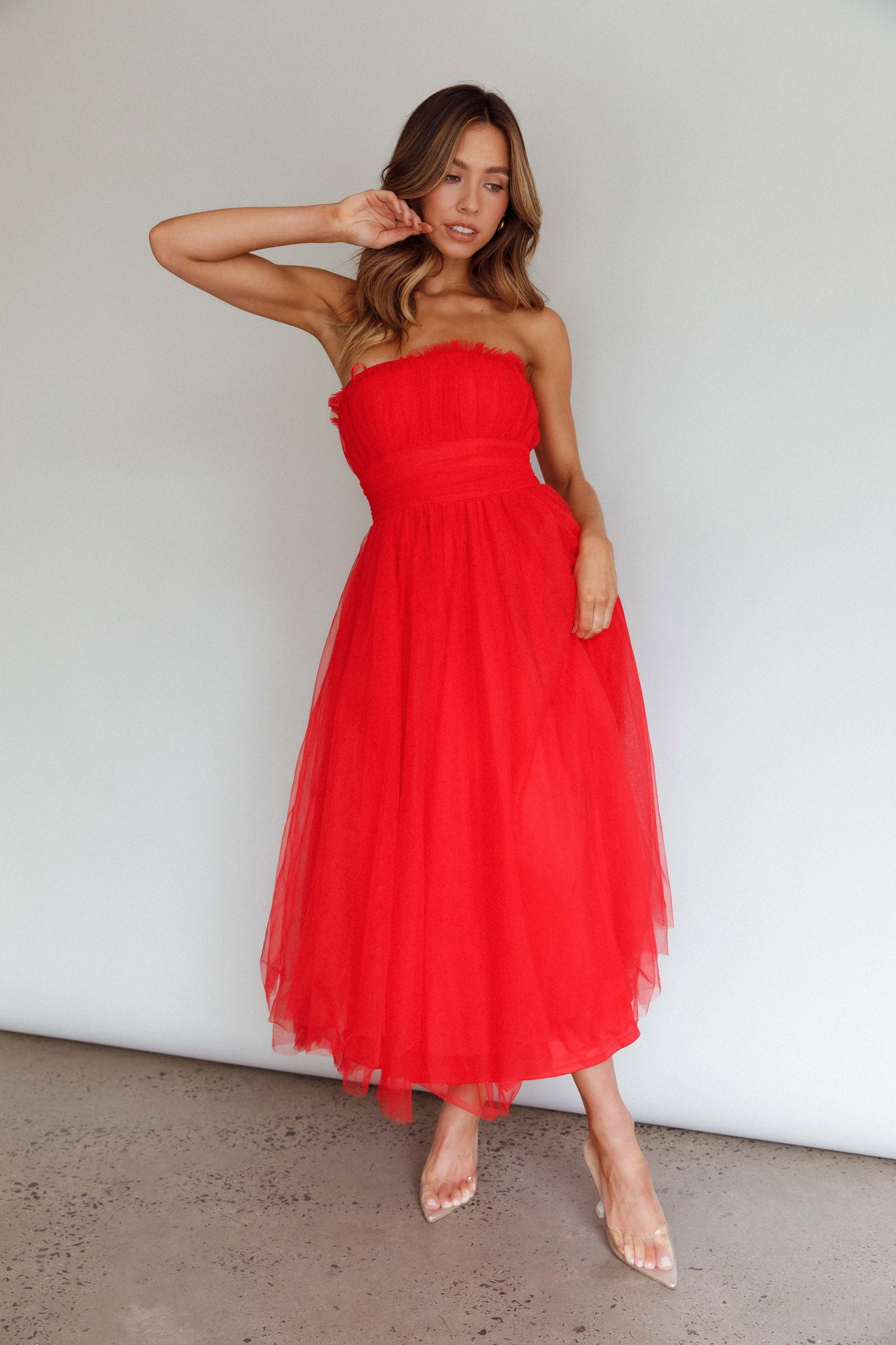 Fayette Strapless Mesh Midi Dress Red by Selfie Leslie