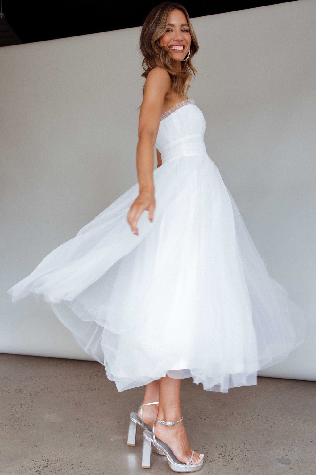 Fayette Strapless Mesh Midi Dress White by Selfie Leslie