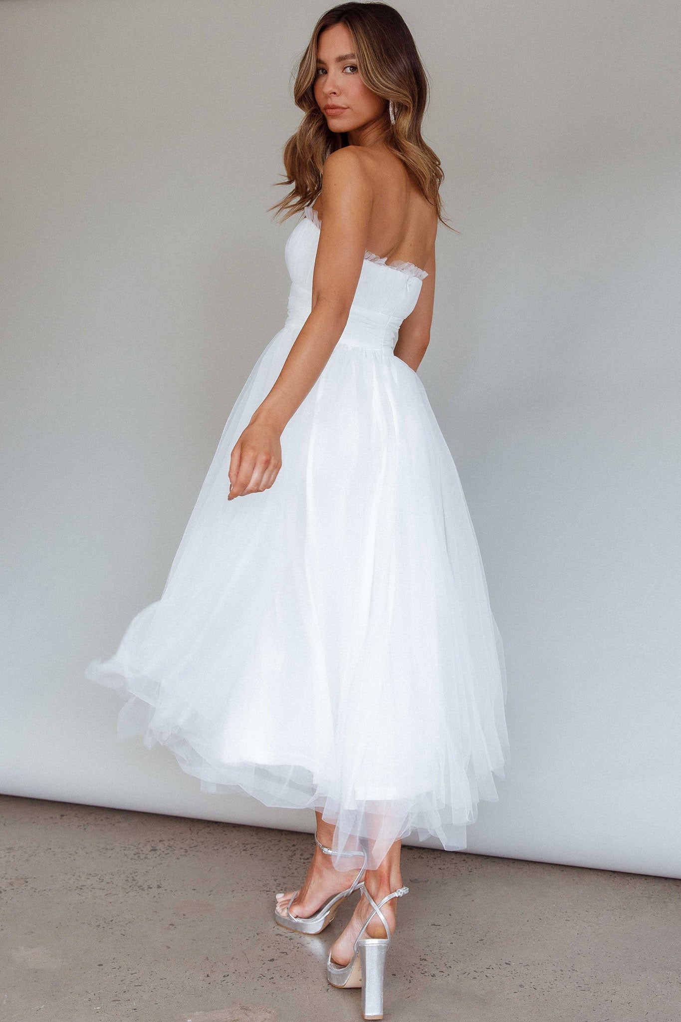 Fayette Strapless Mesh Midi Dress White by Selfie Leslie