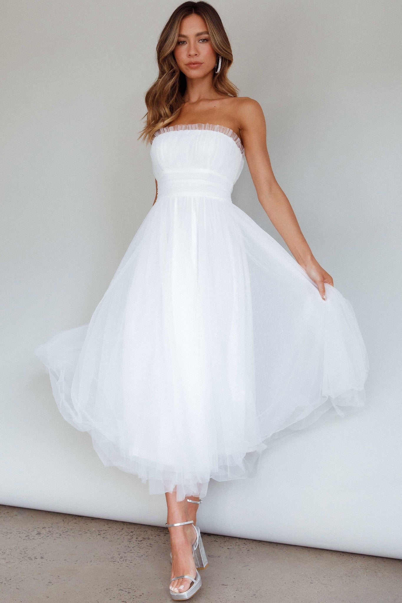 Shop the Fayette Strapless Mesh Midi Dress White