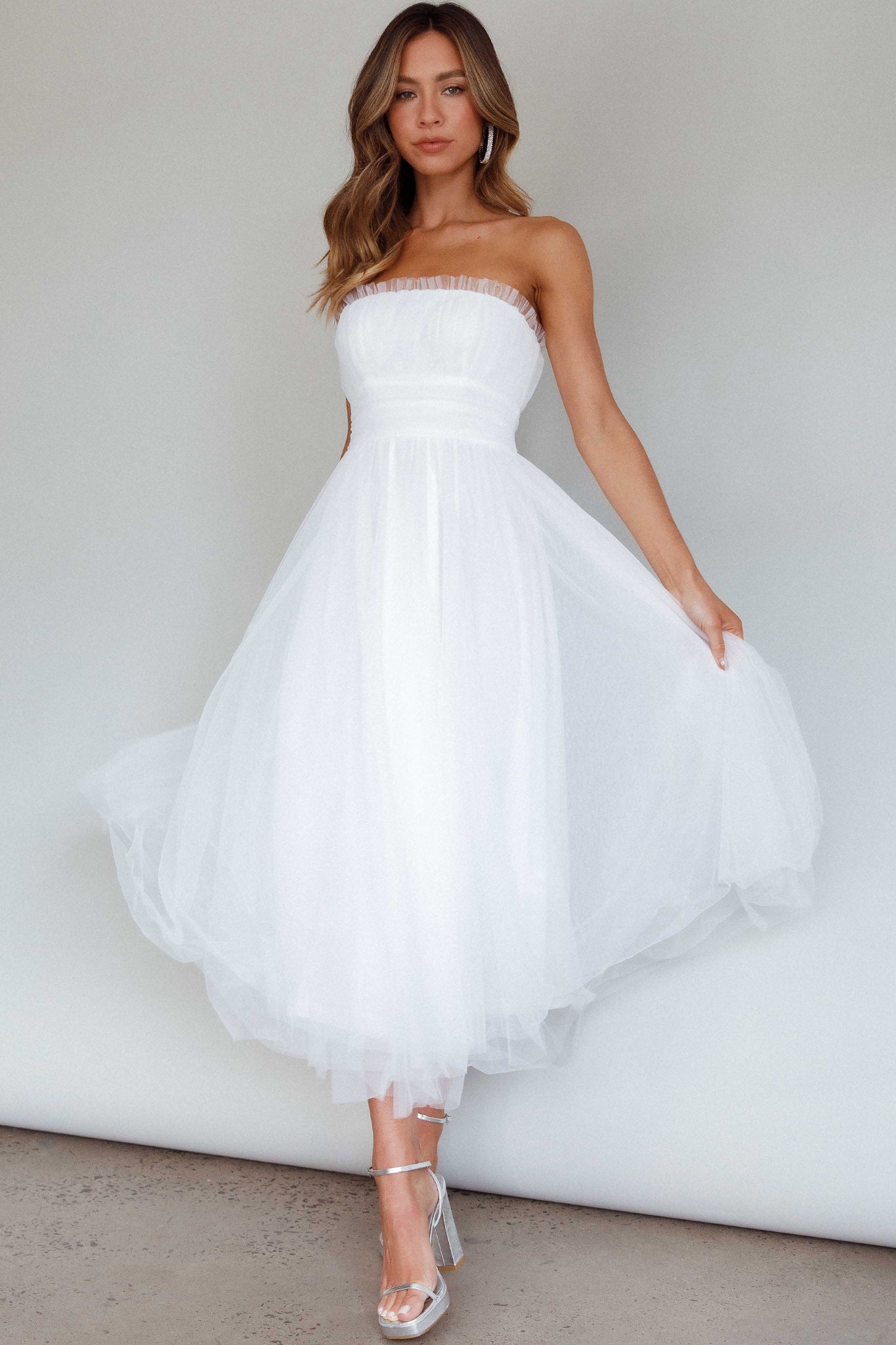 Shop the Fayette Strapless Mesh Midi Dress White | Selfie Leslie