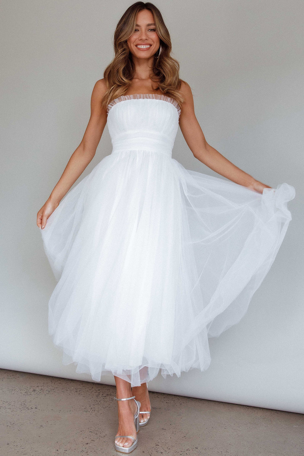 fayette strapless mesh midi dress white christmas dresses Fayette Strapless Mesh Midi Dress White
