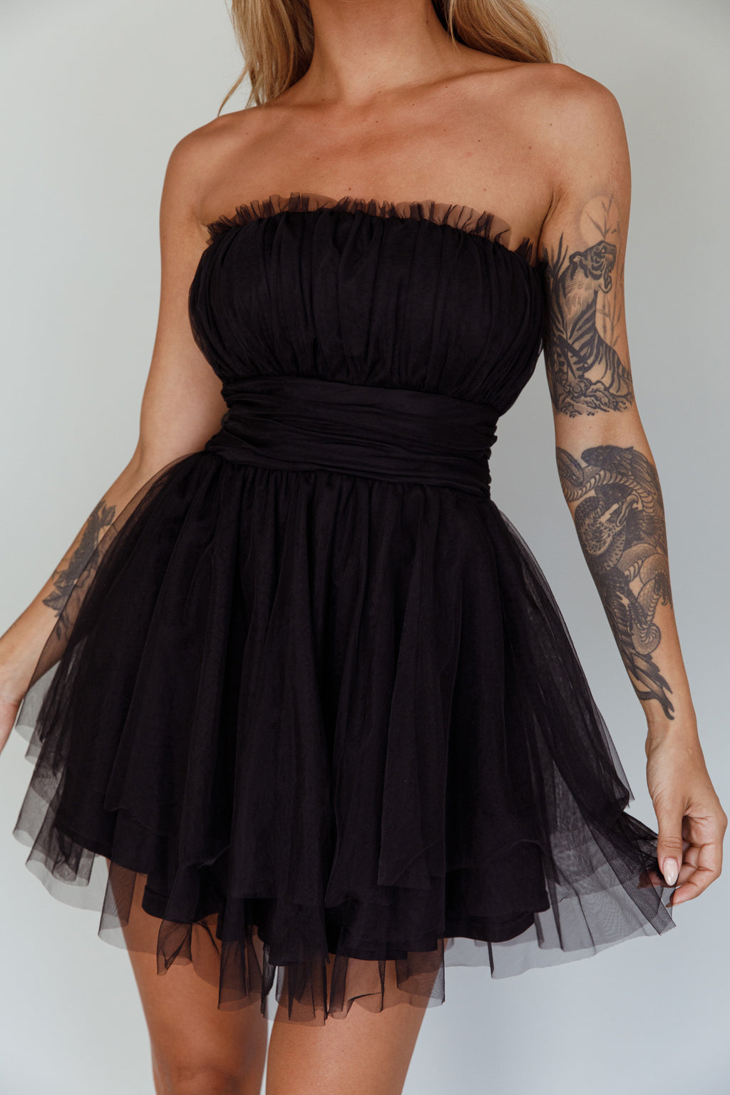 Fayette Strapless Mesh Mini Dress Black by Selfie Leslie