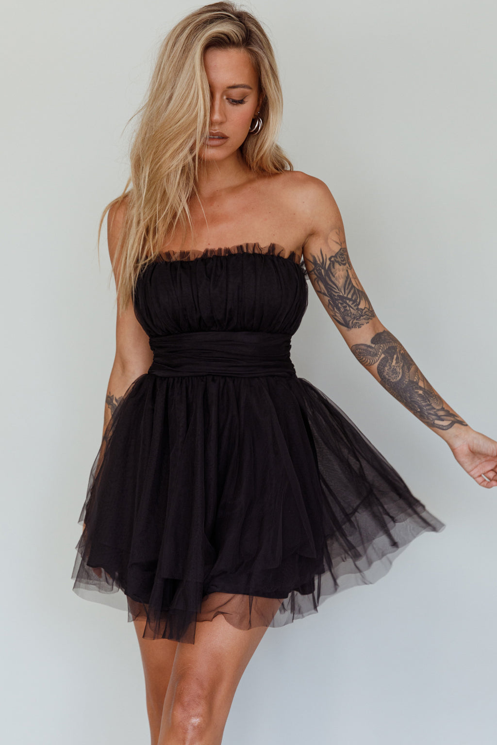 Fayette Strapless Mesh Mini Dress Black by Selfie Leslie