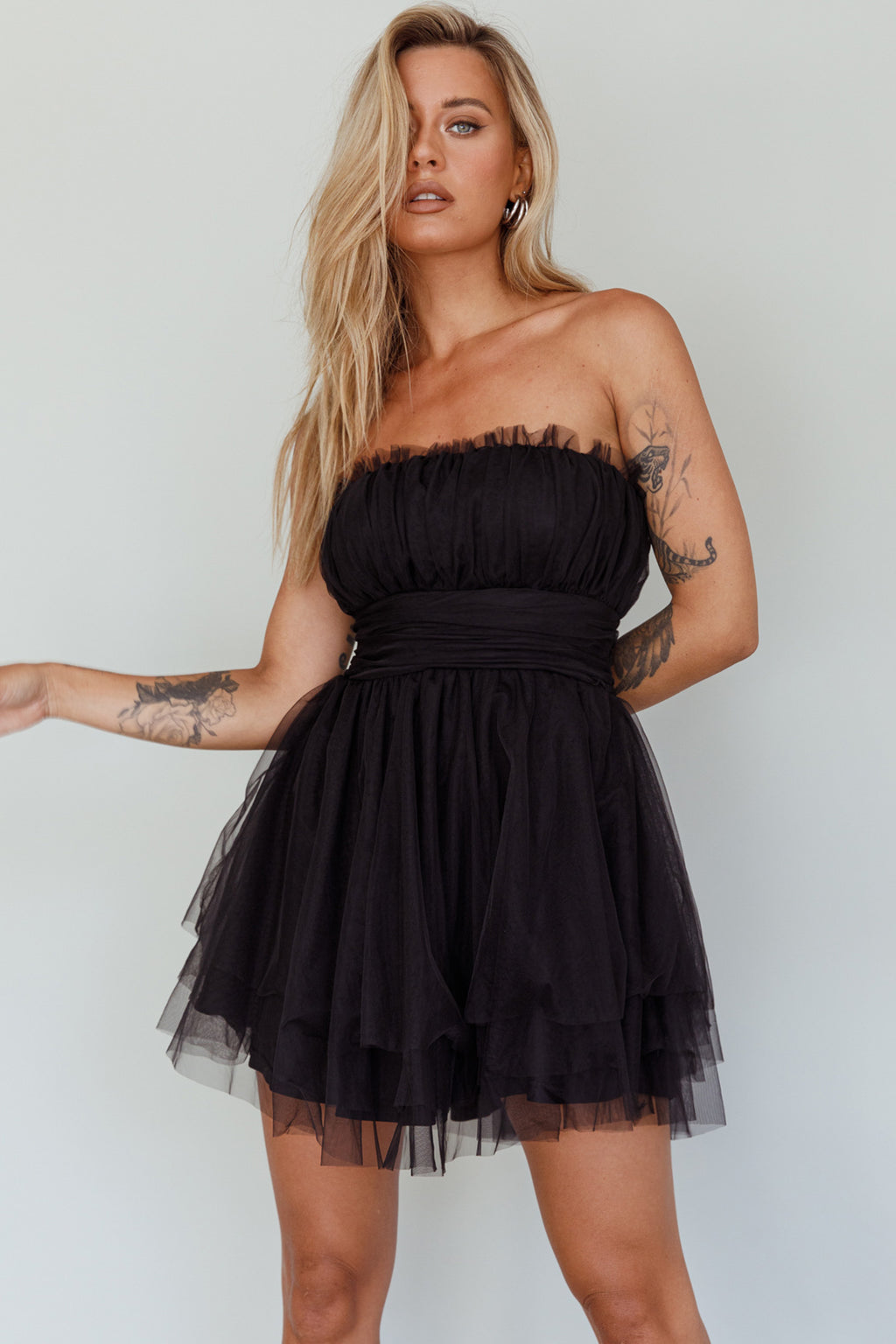 Fayette Strapless Mesh Mini Dress Black by Selfie Leslie