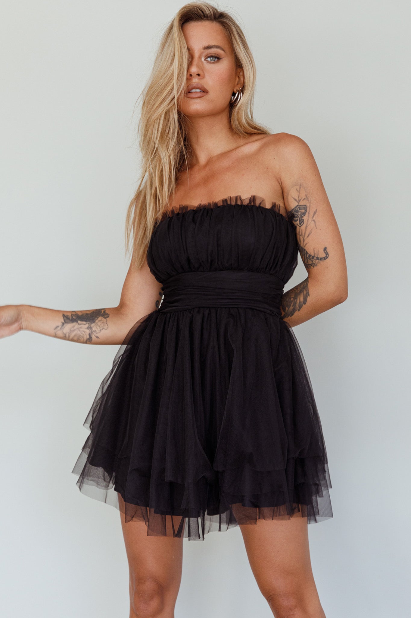Fayette Strapless Mesh Mini Dress Black by Selfie Leslie