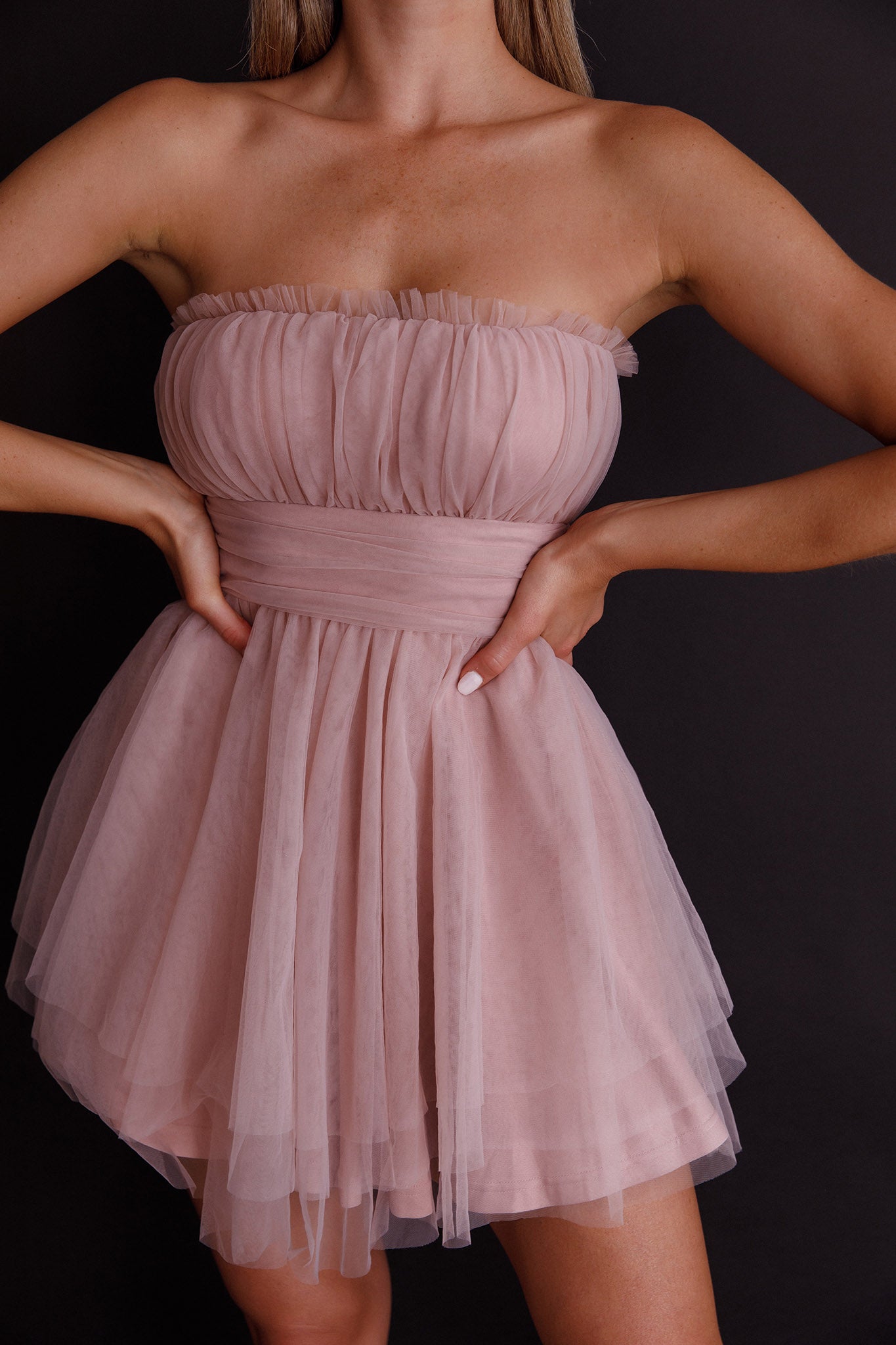 Fayette Strapless Mesh Mini Dress Blush by Selfie Leslie