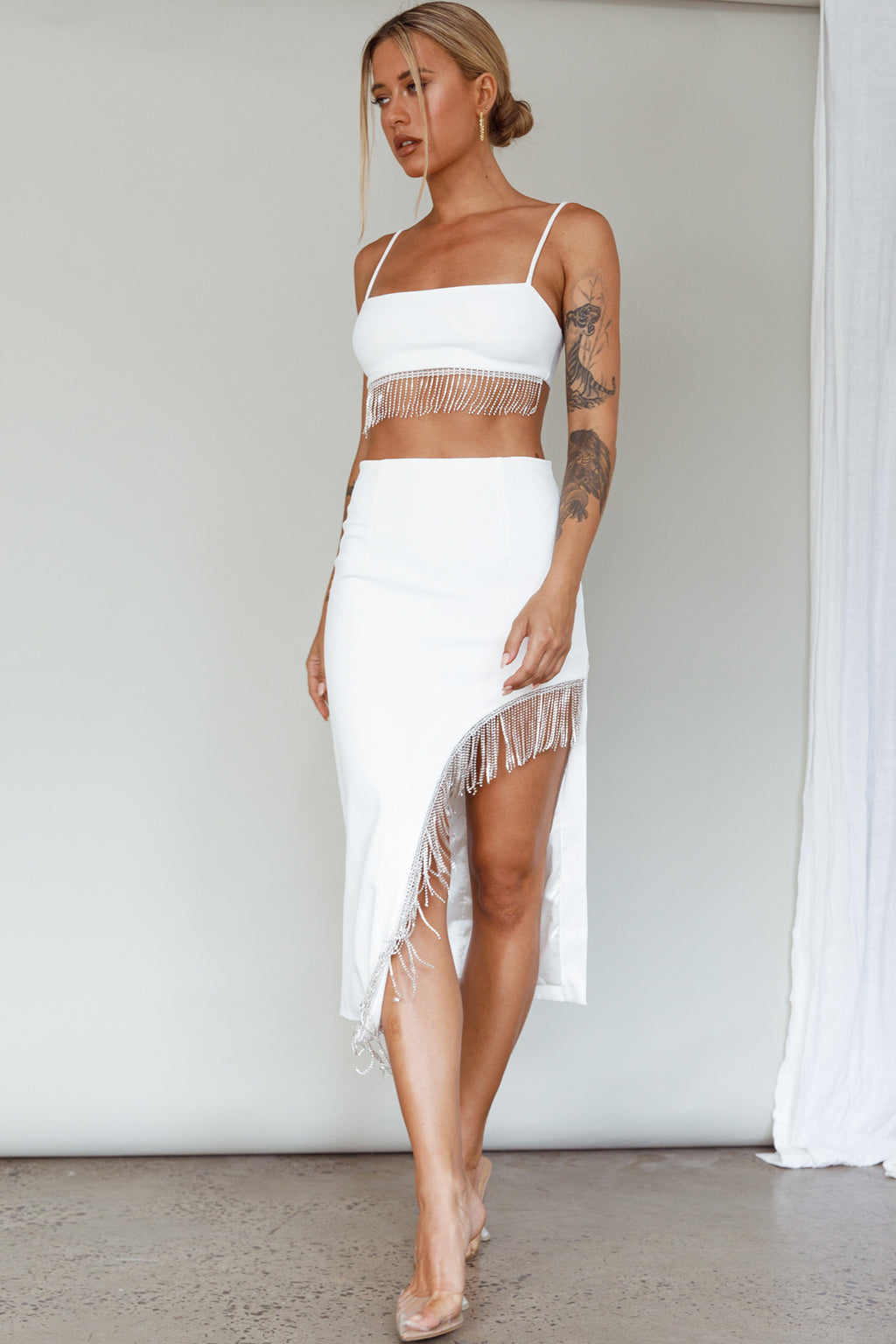 Call On Me Diamante Fringe Top White by Selfie Leslie