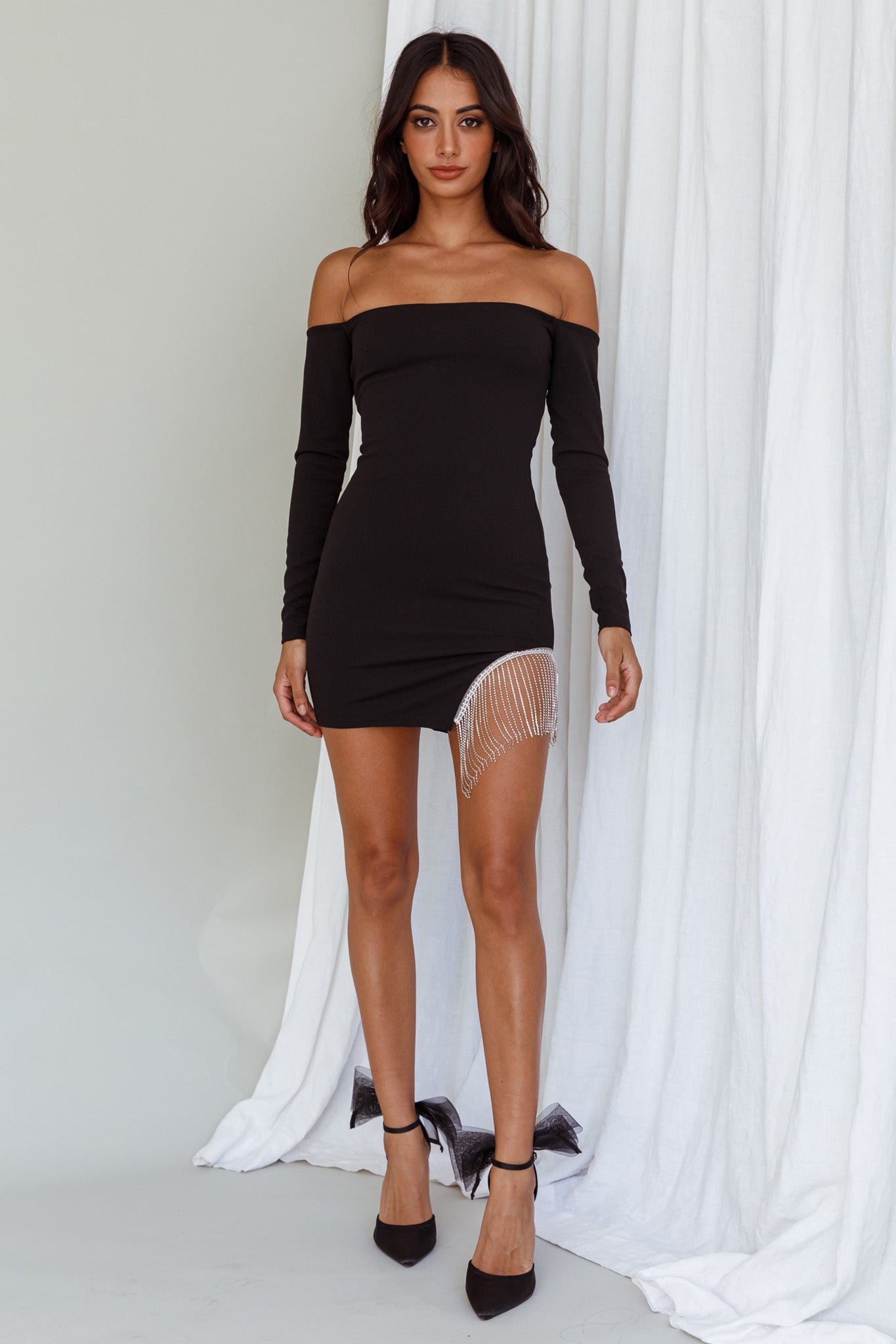 Call On Me Diamante Off-Shoulder Mini Dress Black by Selfie Leslie