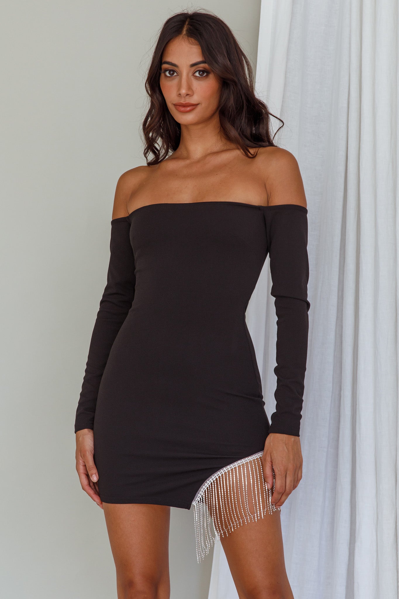 Call On Me Diamante Off-Shoulder Mini Dress Black by Selfie Leslie