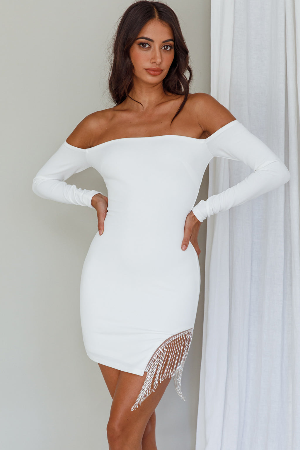 Call On Me Diamante Off-Shoulder Mini Dress White by Selfie Leslie